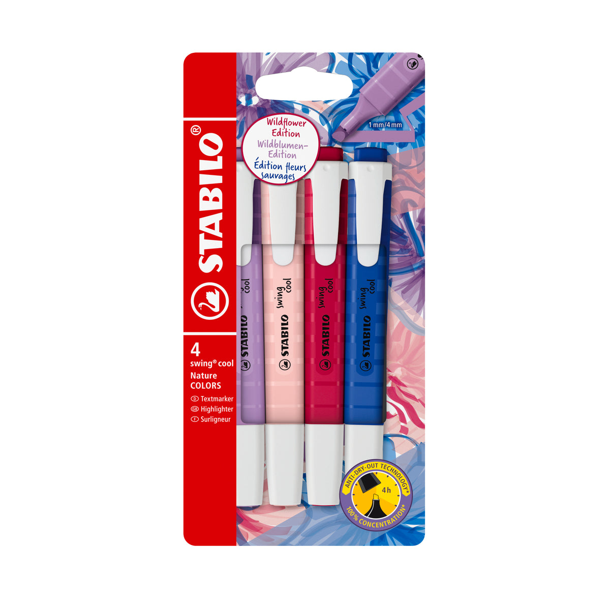 STABILO Swing Cool Wildflower Textmarker – 4er Set, Farben: Grauviolett/Blush/Burgunderrot …, Keilspitze 1–4 mm