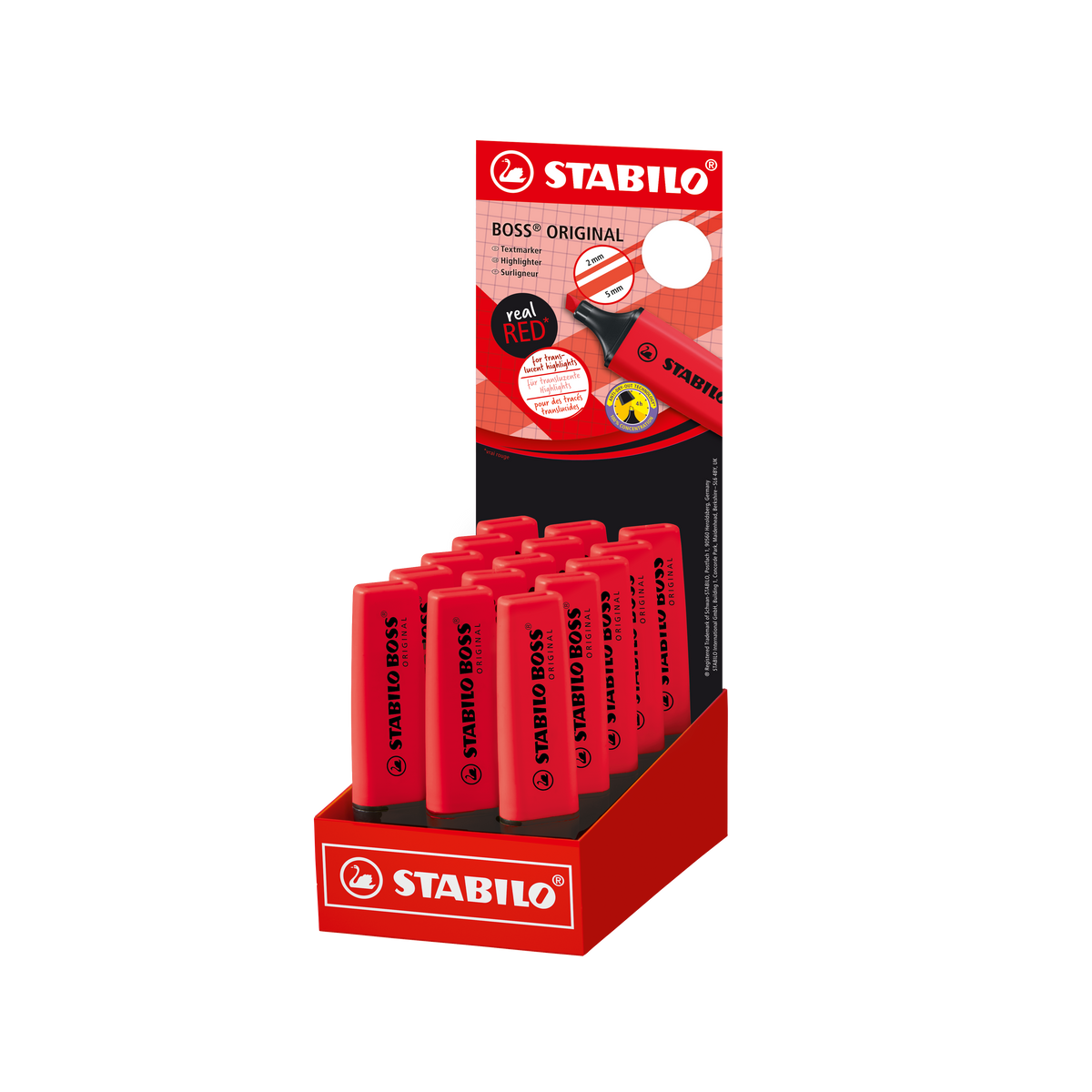 STABILO BOSS Textmarker – 15er Set, Farben: Karminrot, Keilspitze 2–5 mm, nachfüllbar