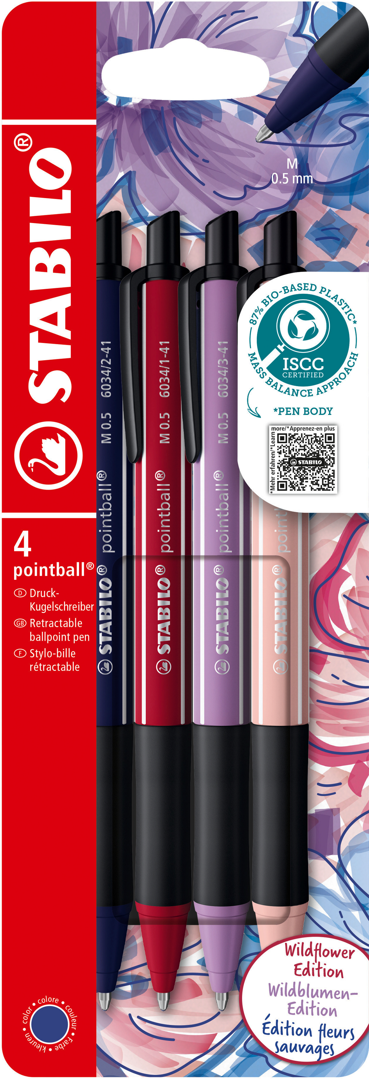 STABILO Pointball Wildflower Kugelschreiber – 4er Etui, Blau, Spitze 0,5 mm, Druck, dokumentenecht, nachfüllbar