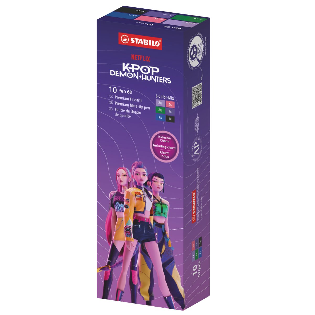 STABILO Pen 68 KPop Demon Hunters Nachfüllbox Filzstift – Rundspitze, 1 mm, wasserbasiert, 6 Farben, 10 Stk.