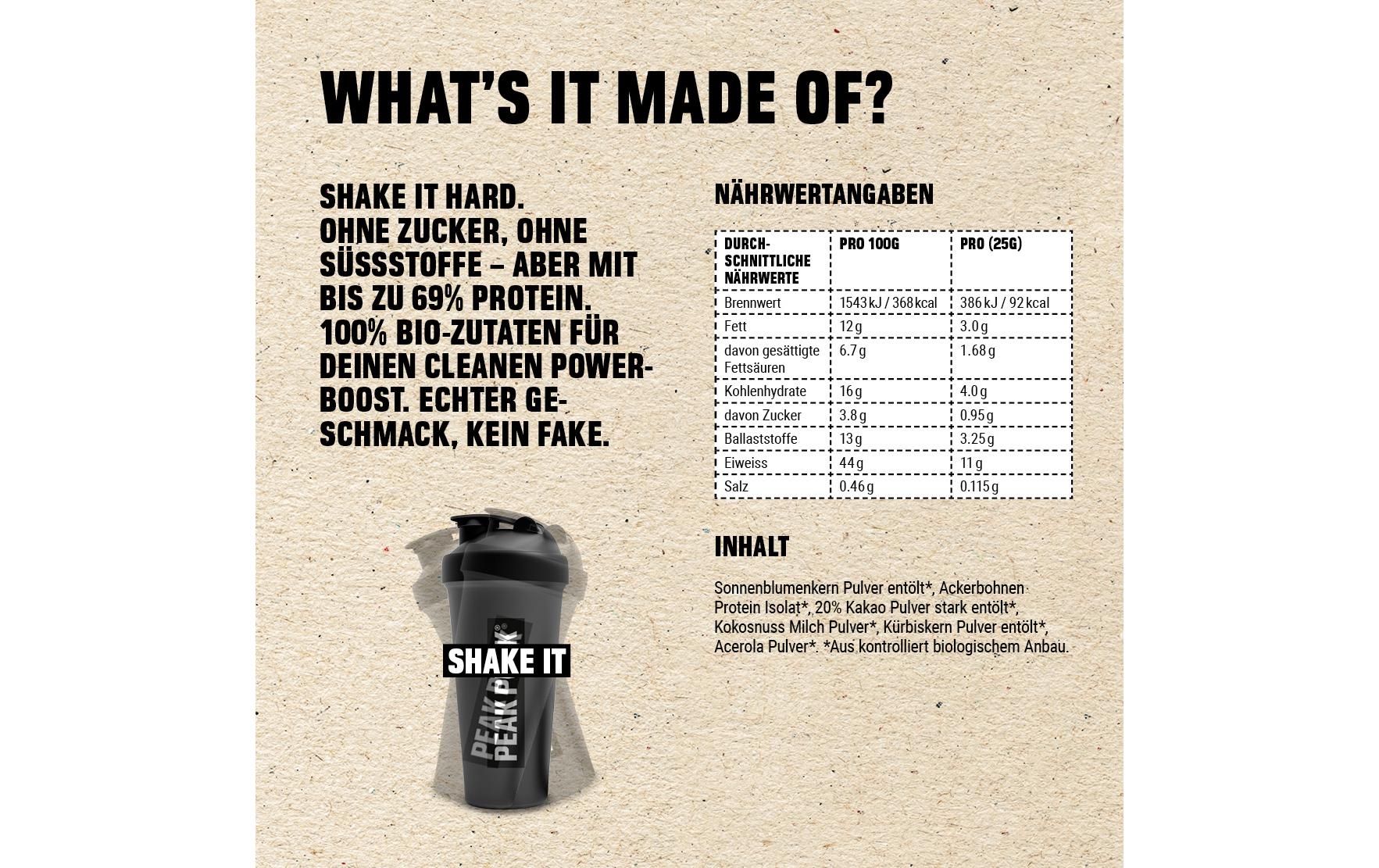 Peak punk Protein-Shake Pulver Schokolade – Bio, glutenfrei – 250 g