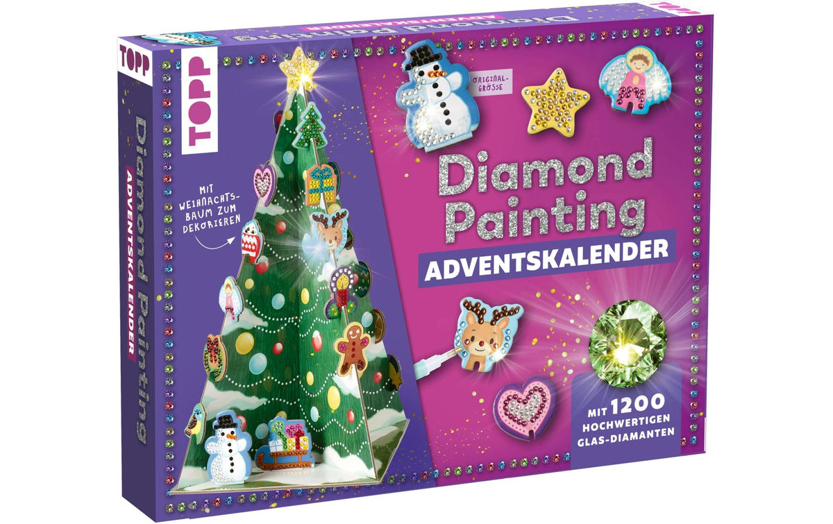 TOPP Verlag Adventskalender – Weihnachten – Aufstellbaum 30 cm – 1200 Diamanten – 24-teilig – ab 7 Jahren