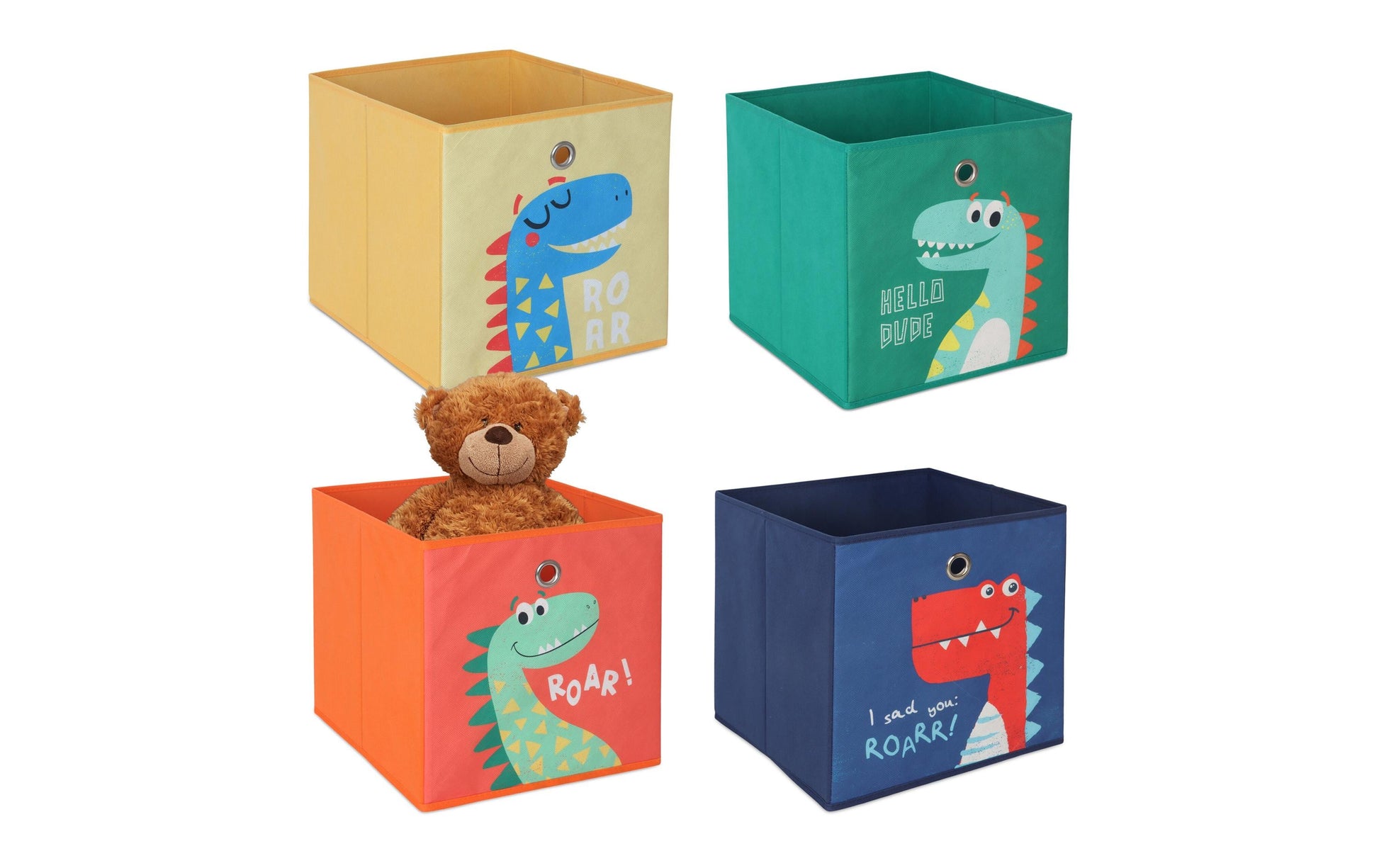 Relaxdays Aufbewahrungsbox Dinosaurier – ohne Deckel – mehrfarbig (blau, grün, gelb, orange) – Set 4-teilig –