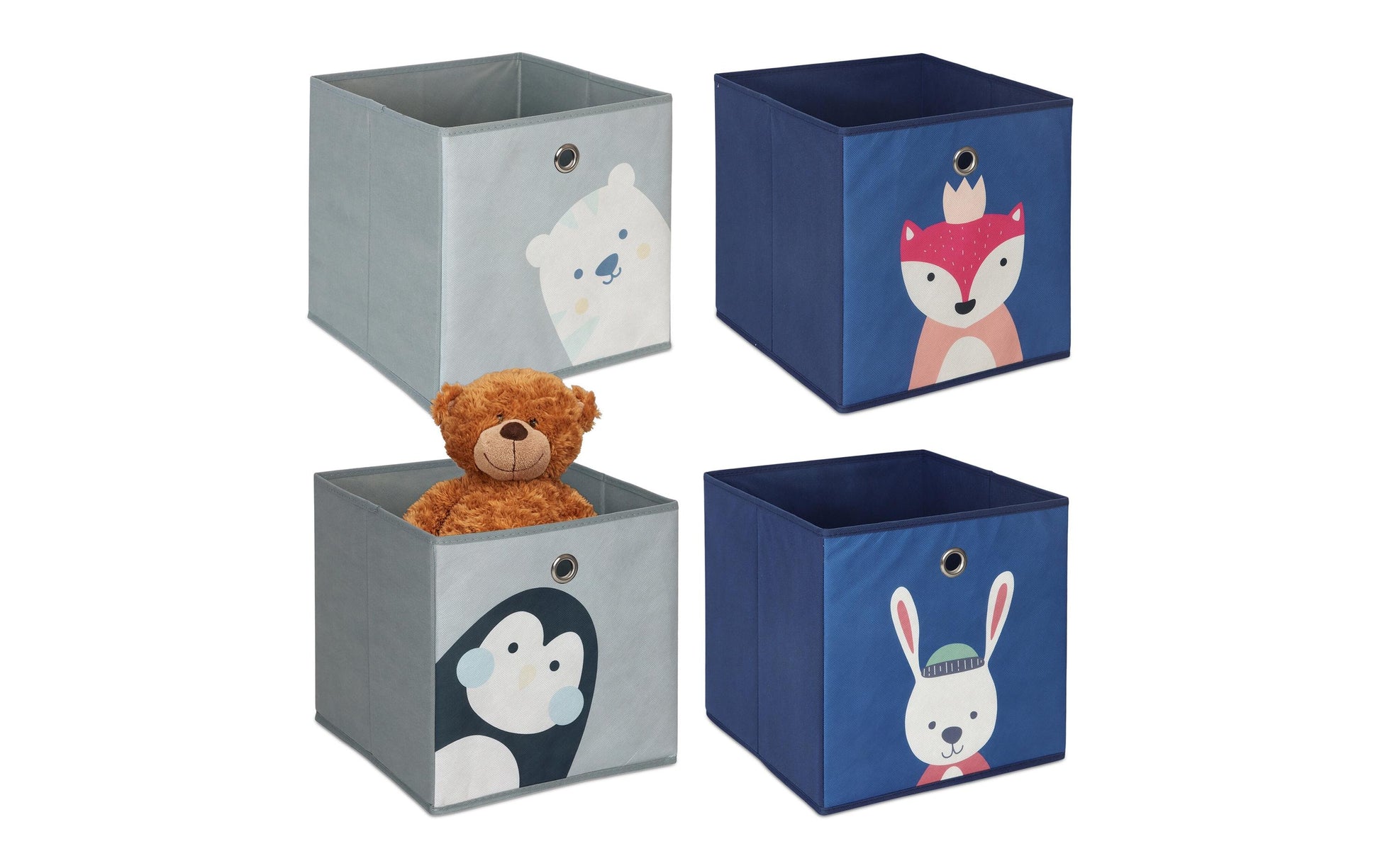 Relaxdays Aufbewahrungsbox ohne Deckel – Stahl/Pappe/Vlies – Grau/Blau – 300 × 300 × 300 mm – 4-teiliges Set