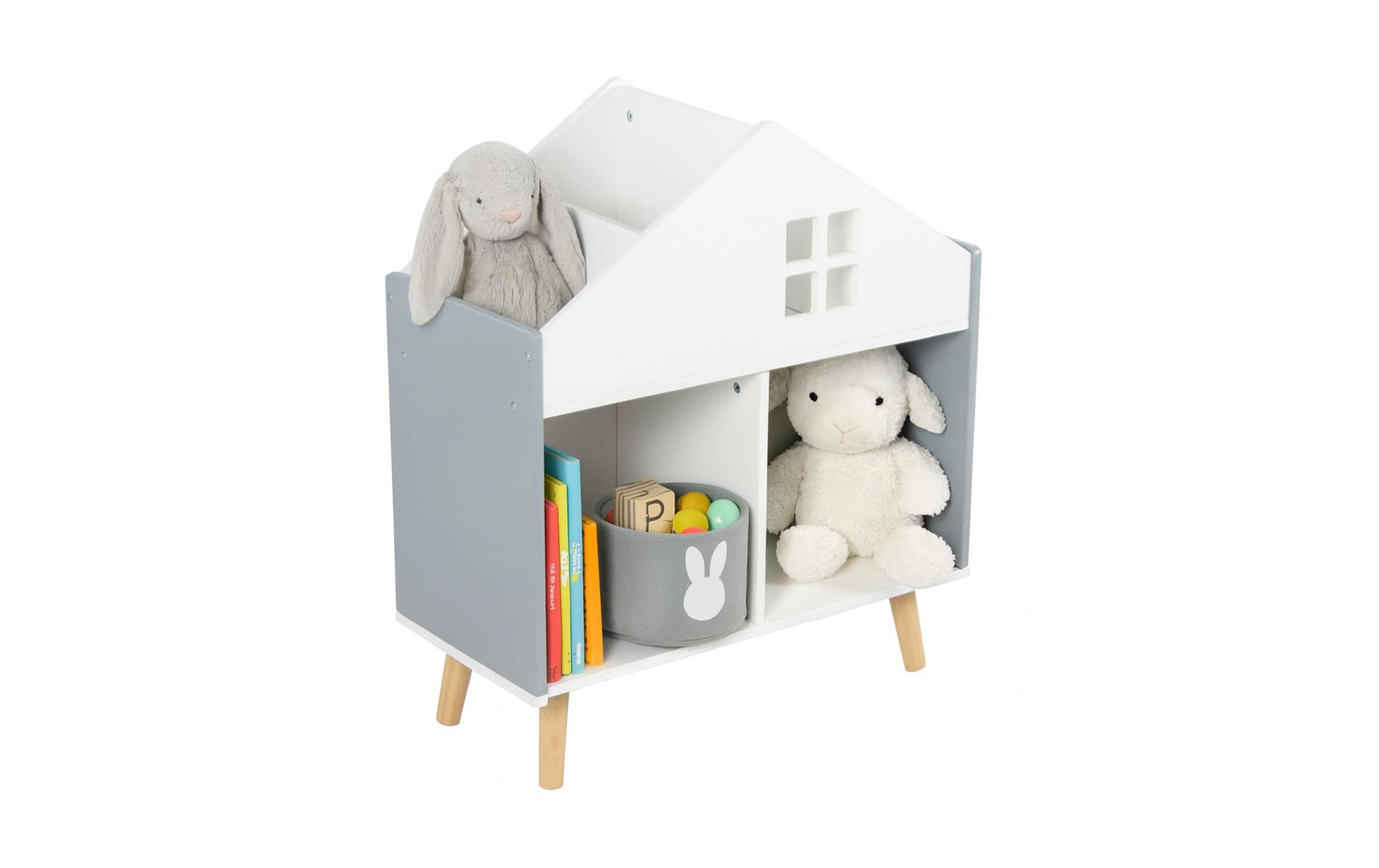 Relaxdays Kinderregal Haus – freistehend – 6 Böden – 60 × 30 × 65,7 cm – MDF – grau/weiss