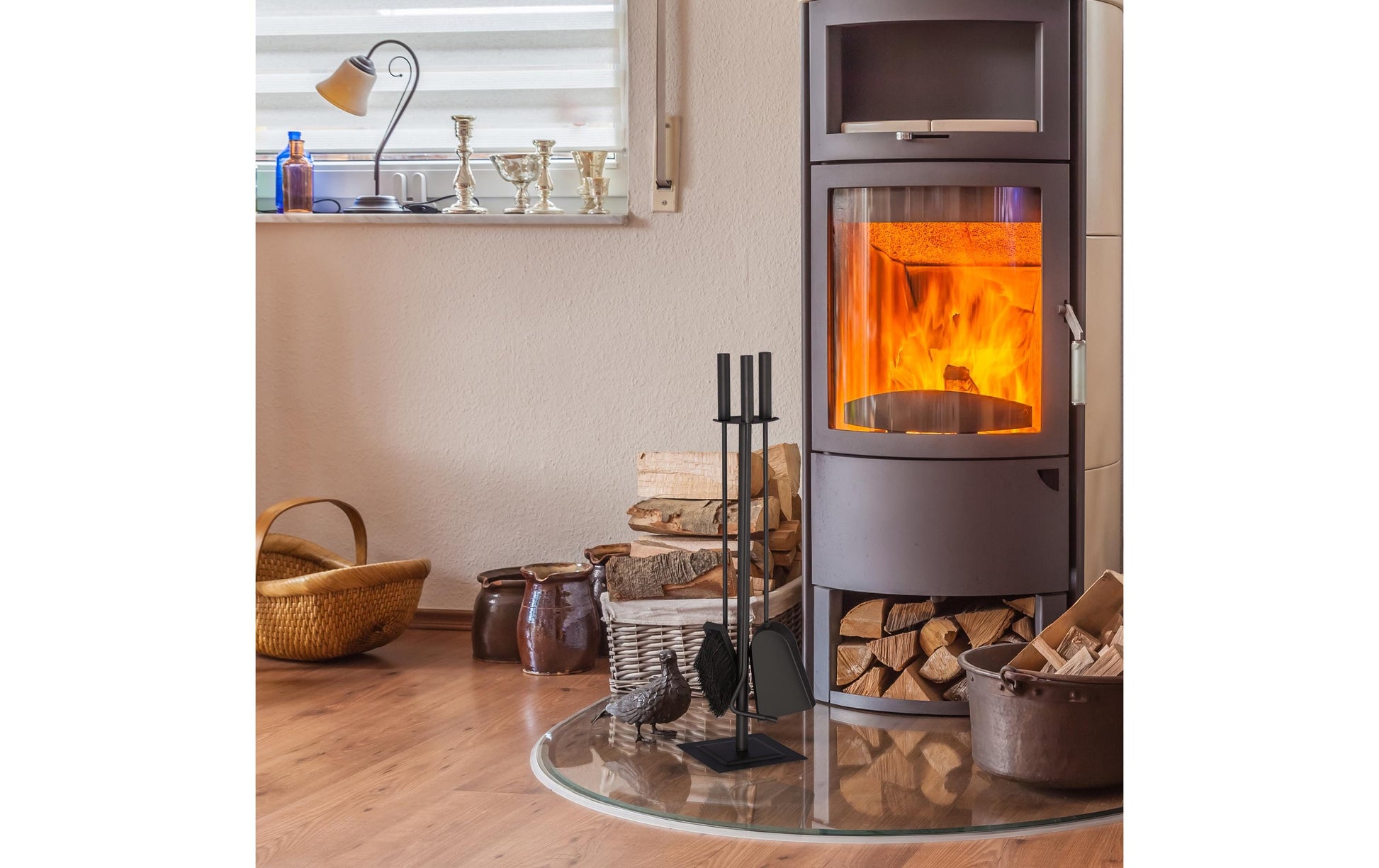 Relaxdays 10028775 Kaminbesteck 4-teilig – Stahl/Kunststoff/Holz – 150 × 610 × 150 mm