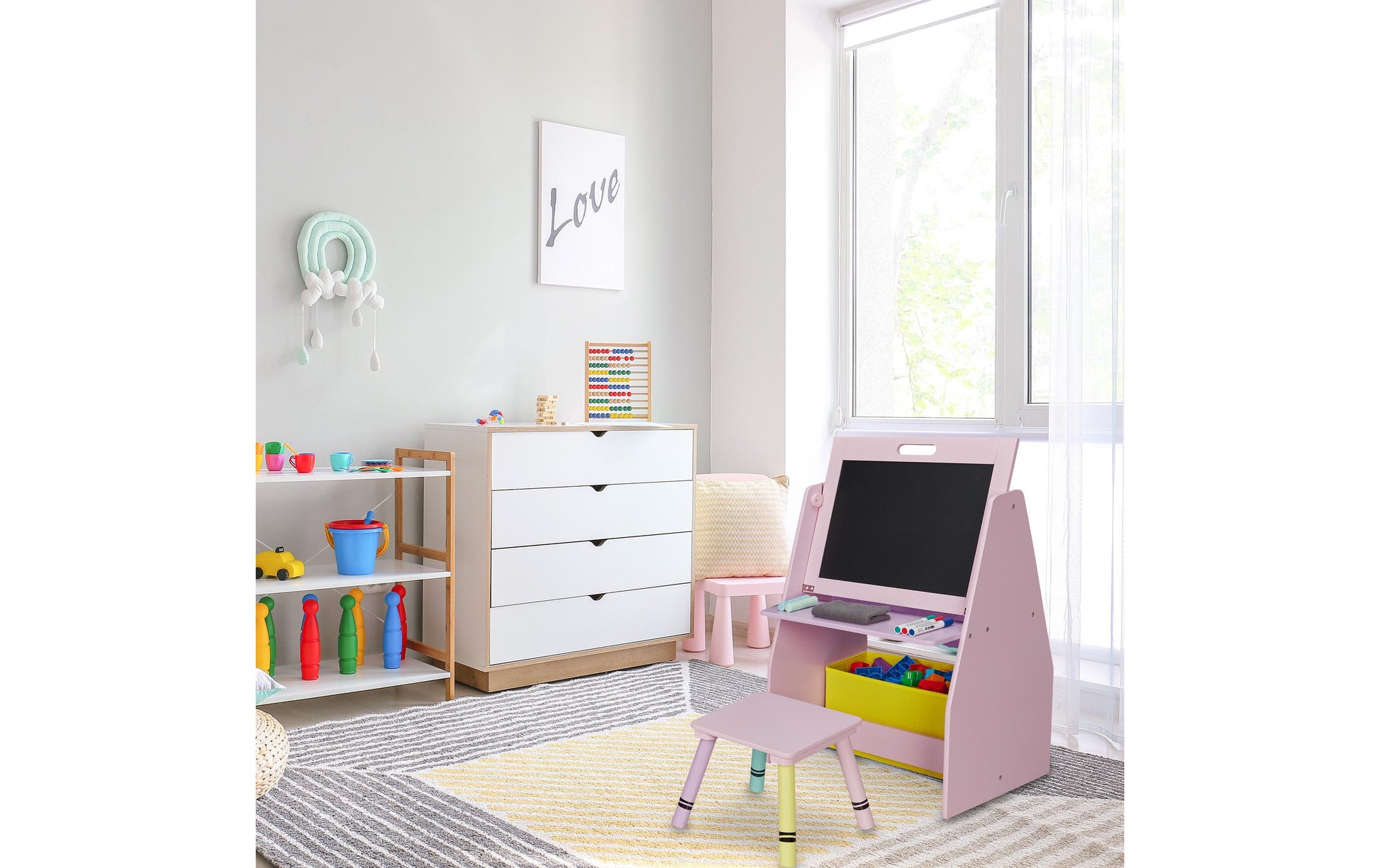 Relaxdays Wandregal/Schweberegal, 10037520 – 1 Boden – 52 × 45 × 84 cm – Gelb/Rosa – MDF, Holz, Polyester