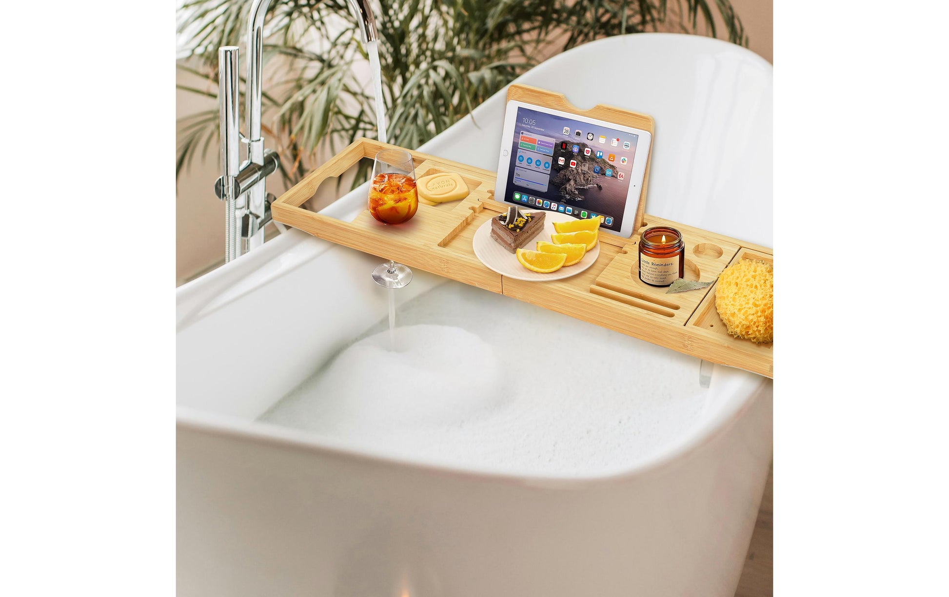 Relaxdays Badewannenablage – 105×22×3,5 cm, Bambus (100%), freistehend, Hellbraun