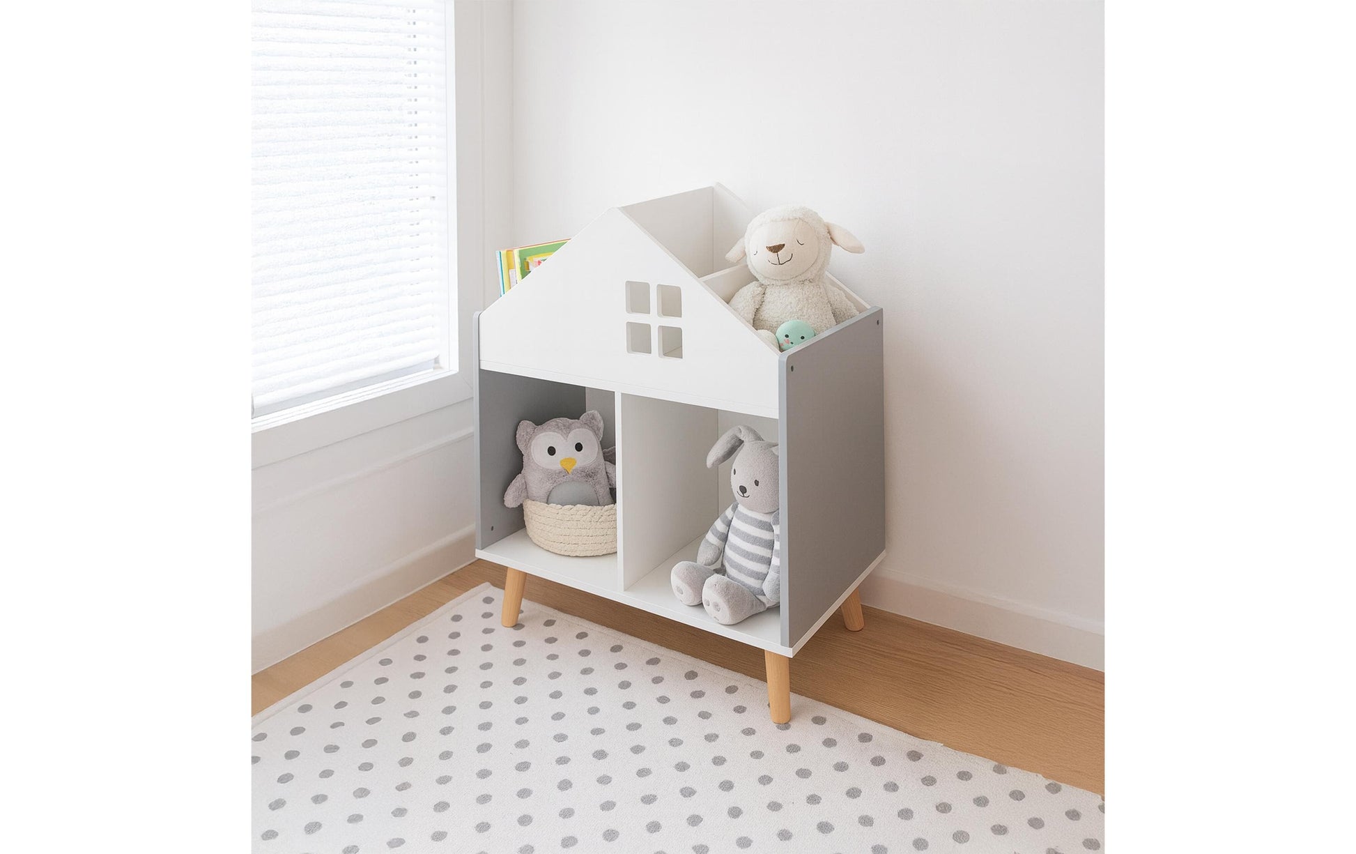 Relaxdays Kinderregal Haus – freistehend – 6 Böden – 60 × 30 × 65,7 cm – MDF – grau/weiss