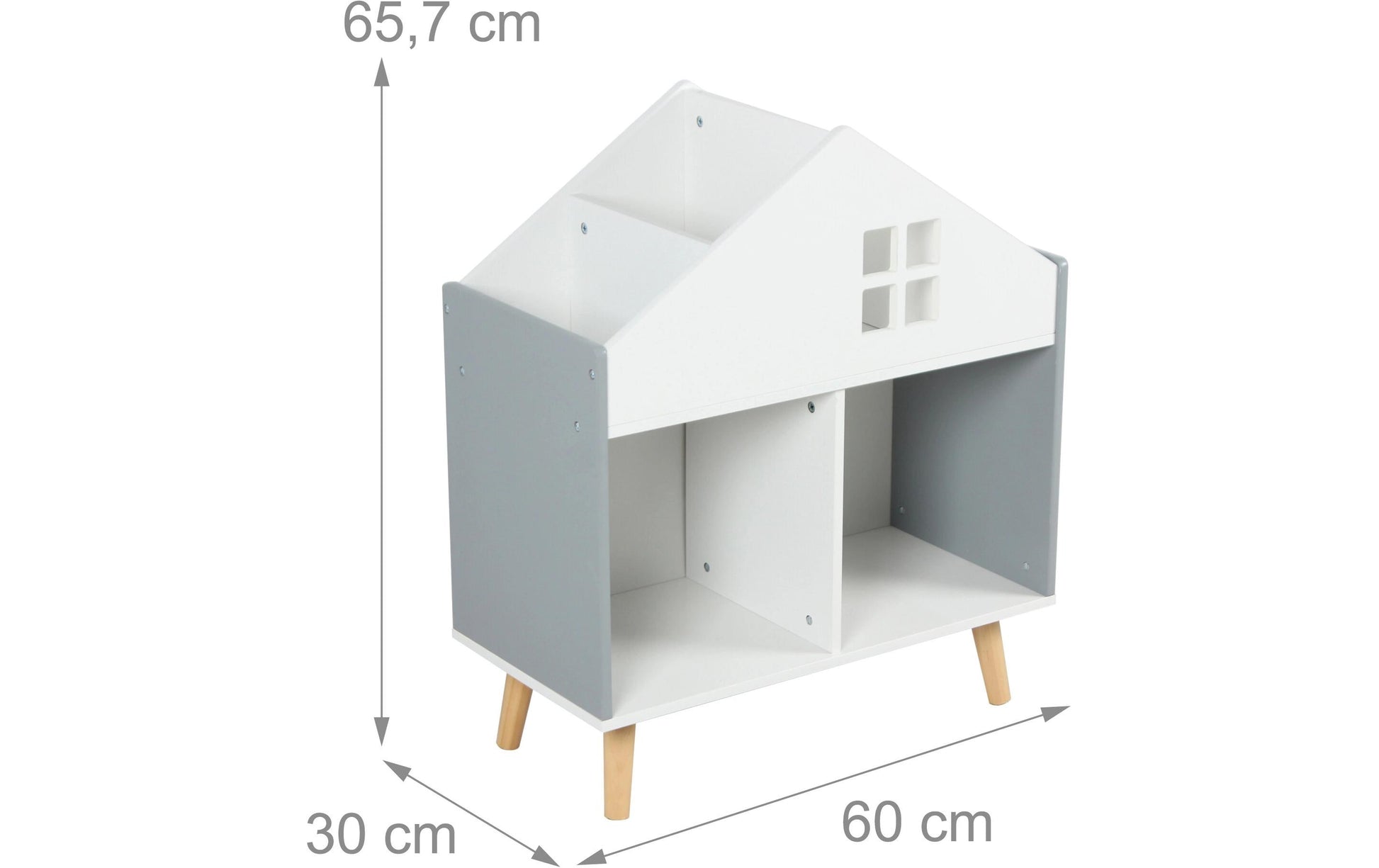 Relaxdays Kinderregal Haus – freistehend – 6 Böden – 60 × 30 × 65,7 cm – MDF – grau/weiss