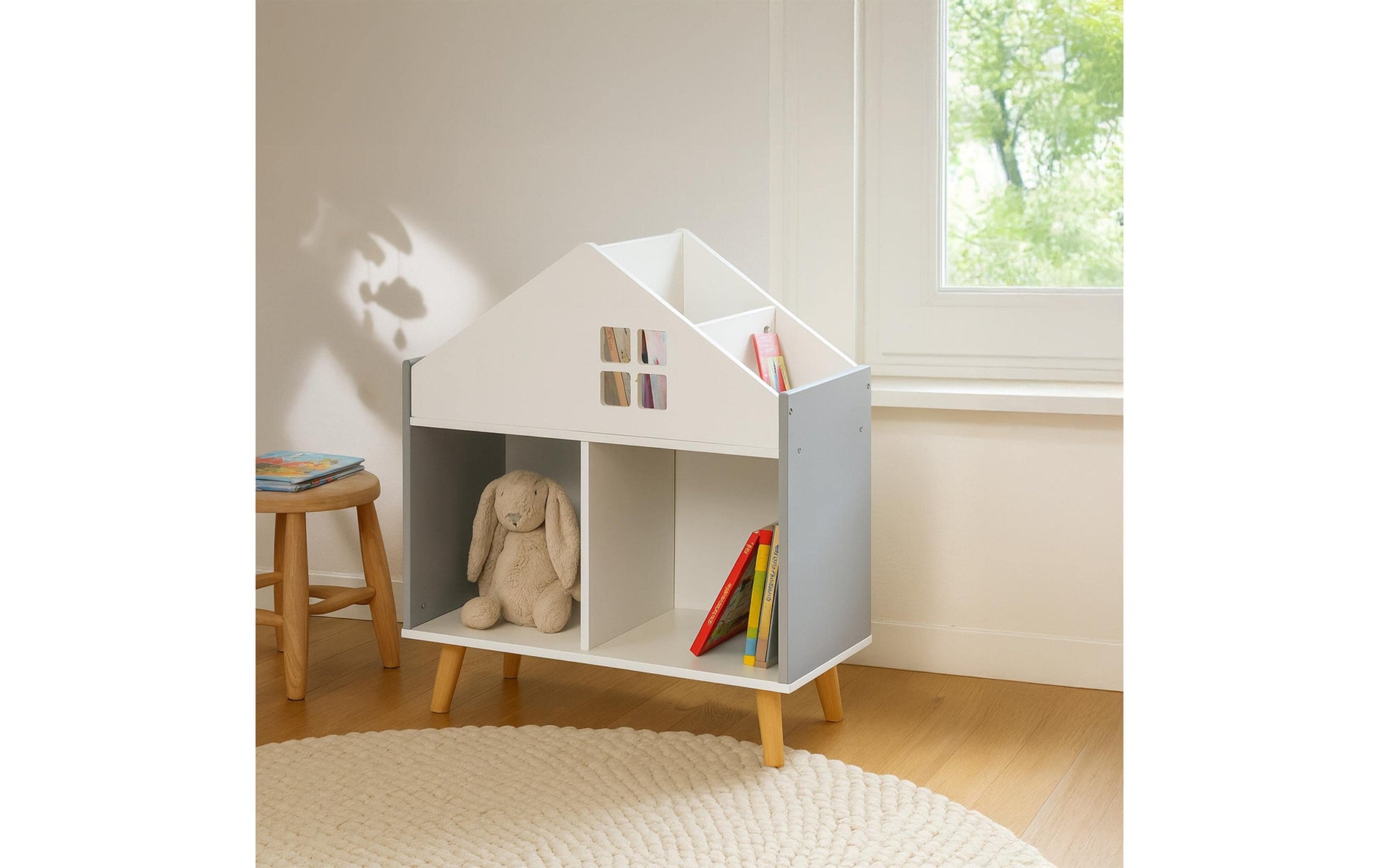 Relaxdays Kinderregal Haus – freistehend – 6 Böden – 60 × 30 × 65,7 cm – MDF – grau/weiss