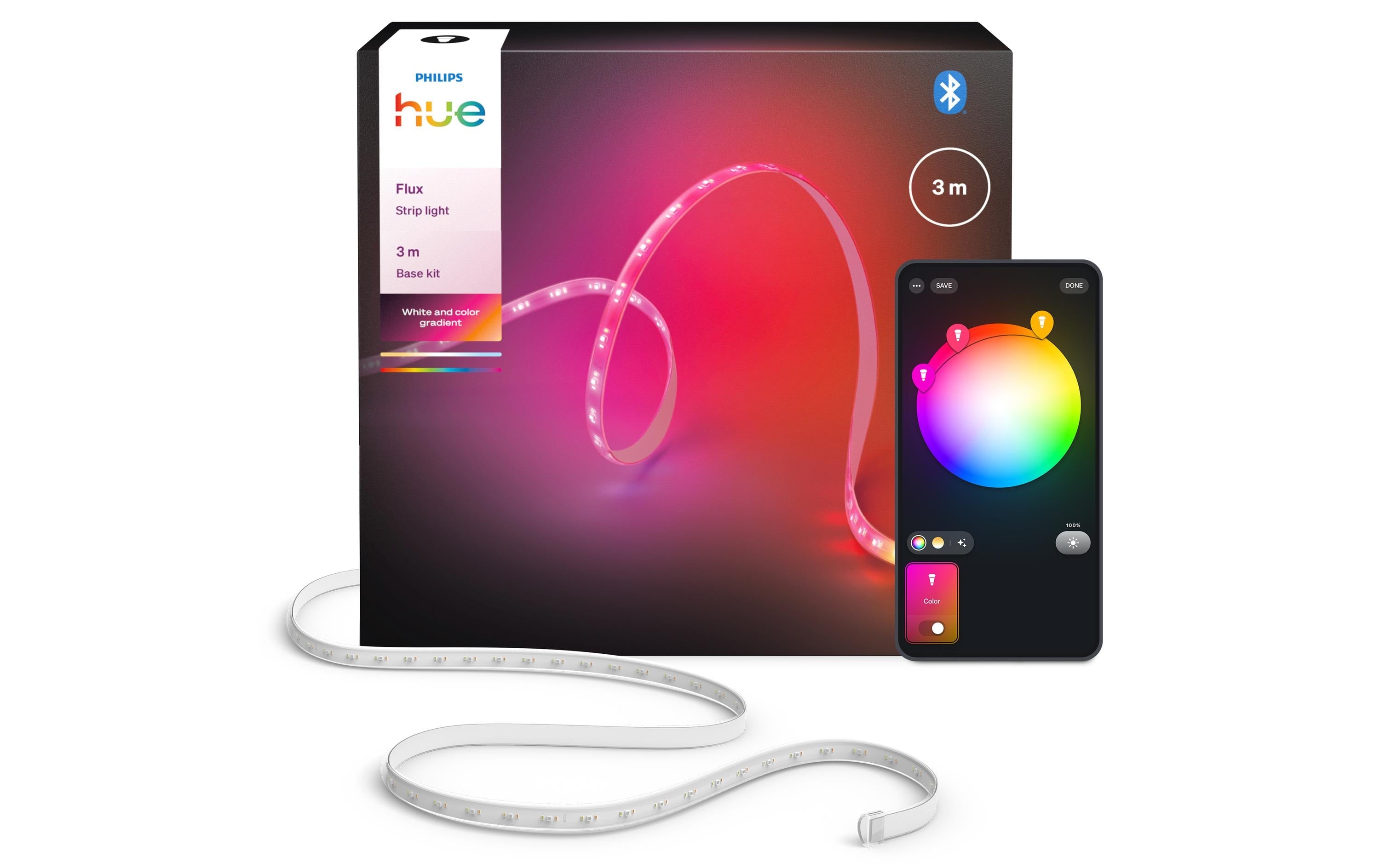 Philips Hue Lightstrip Flux Gradient 300 cm – Hue, Amazon Alexa – mehrfarbig + weiss – 1'200 lm 12 W