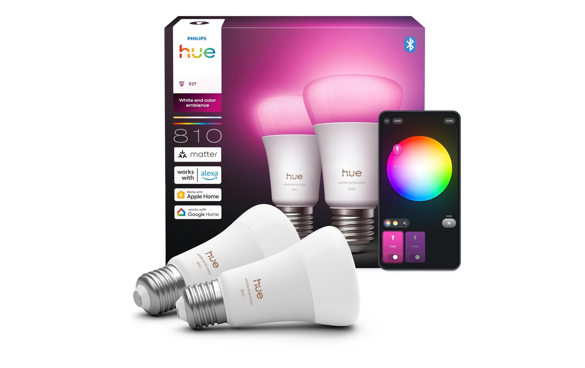 Philips by Signify Philips Hue Smart-Leuchtmittel E27 A60 – RGB+CCT, 810 lm, 6 W, Zigbee/Bluetooth – für Alexa, HomeKit – 2 Stk.