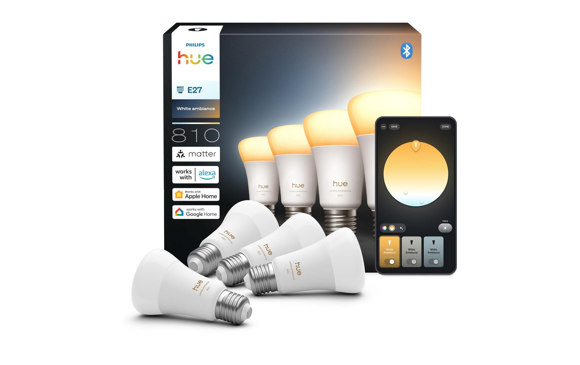 Philips by Signify Philips Hue Smart-Leuchtmittel E27 A-Form – Warmweiss/Kaltweiss, 810 lm, 6 W, Bluetooth/Zigbee – 4 Stk.