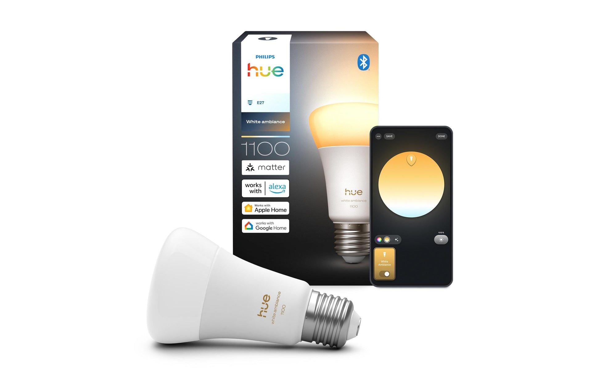 Philips by Signify Philips Hue Smart-Leuchtmittel E27 White Ambiance – 1100 lm, einstellbar, dimmbar, Bluetooth/Zigbee – Weiss
