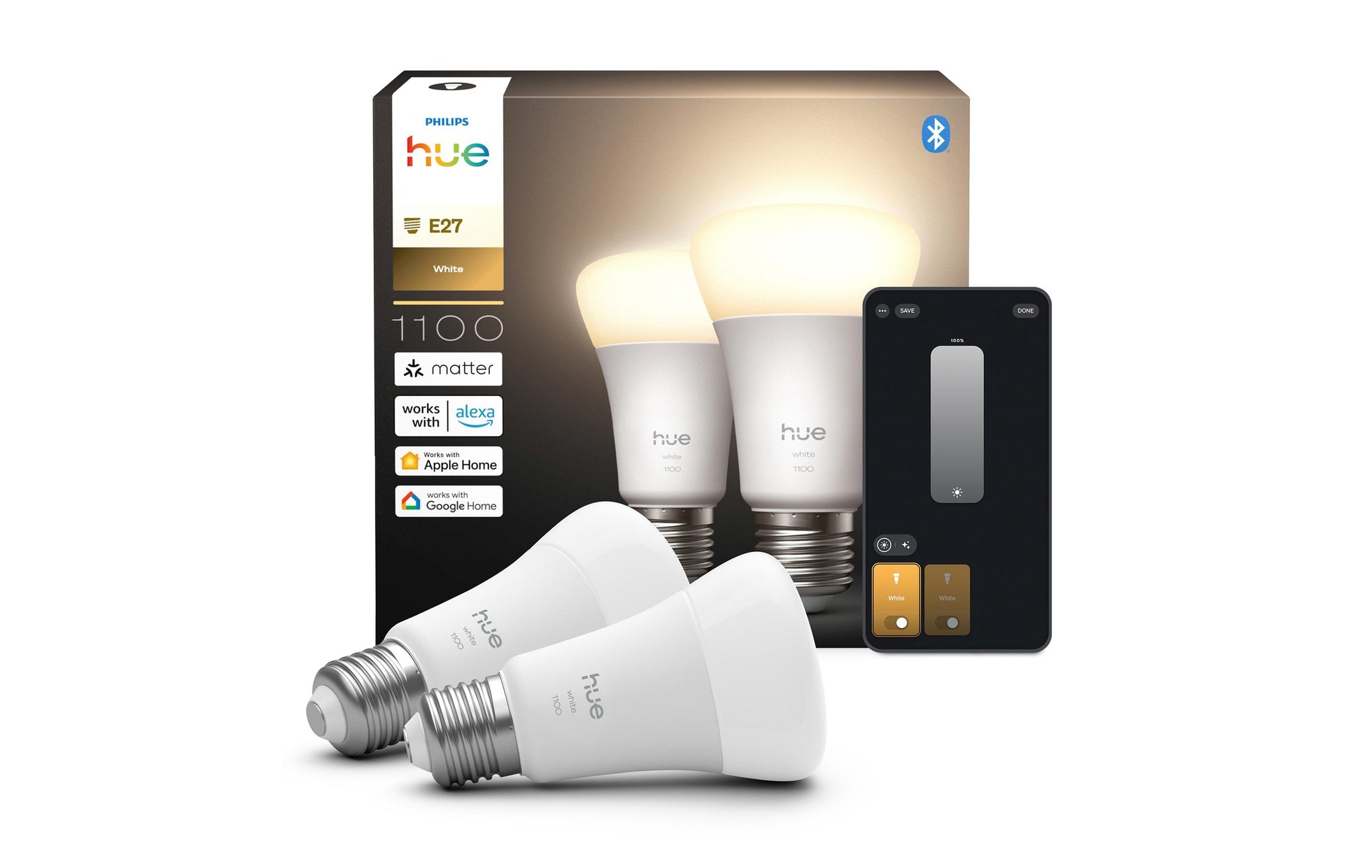 Philips by Signify Philips Hue White – Smart-Leuchtmittel – 1100 lm, 2700 K – für Amazon Alexa, Apple HomeKit – 2er-Set