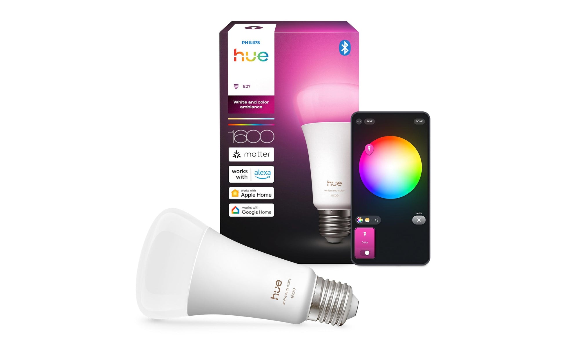 Philips by Signify Philips Hue Smart-Leuchtmittel E27 – RGB+CCT, 1600 lm, 11,8 W – für Amazon Alexa, Google Assistant