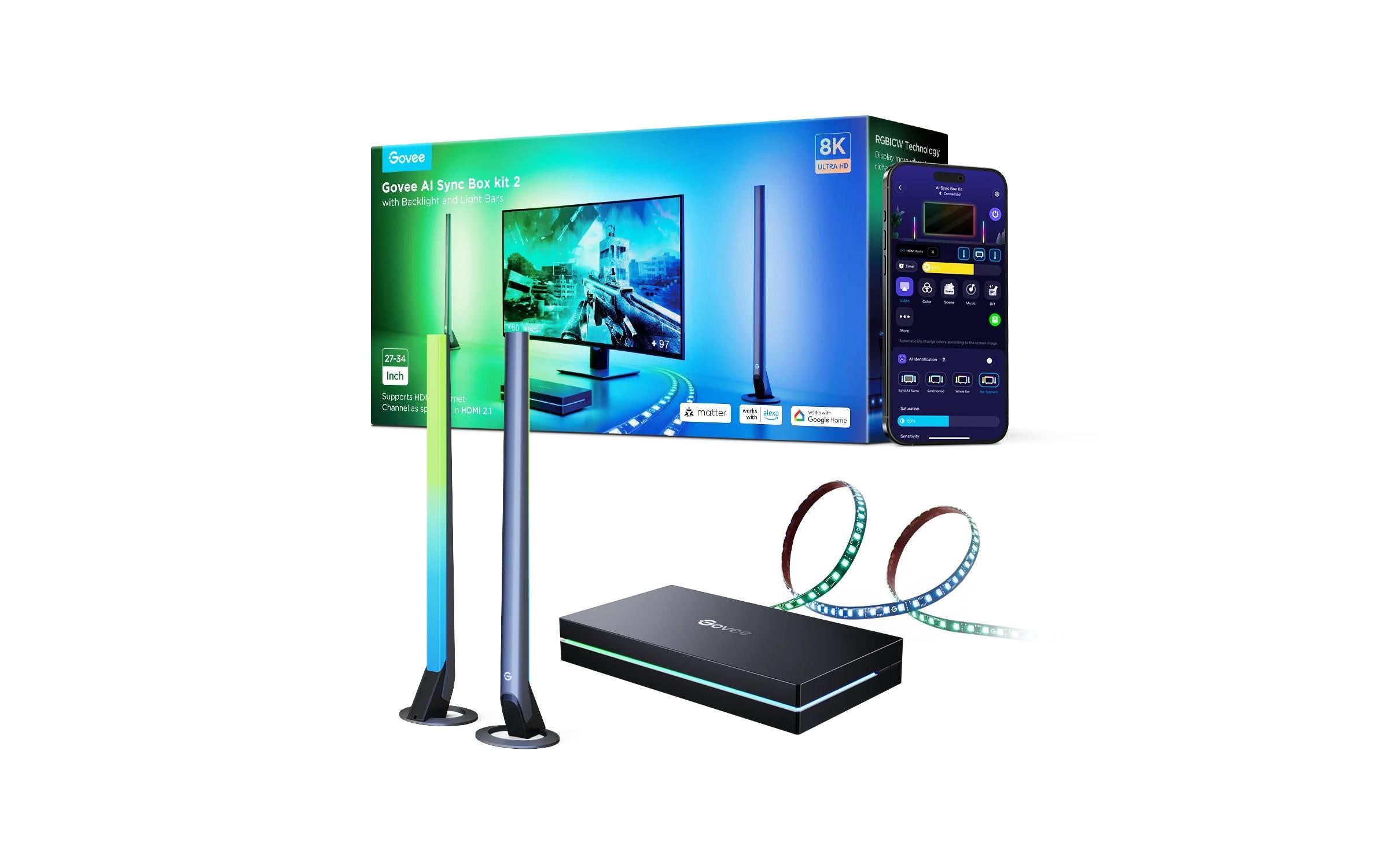 Govee HDMI AI Sync Box – LED-Wandumrandung, HDMI 2.1, 8K, 4K, RGBIC, Bluetooth, für Displays 27–34"