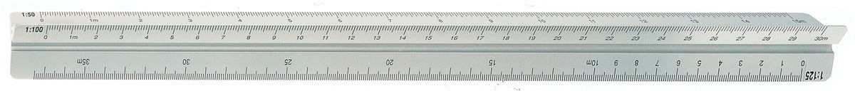 Standard Reduktionsmassstab – 30 cm – Dreikant – Skalen 1:20–1:25, 1:50–1:75, 1:100 – Aluminium – Silber