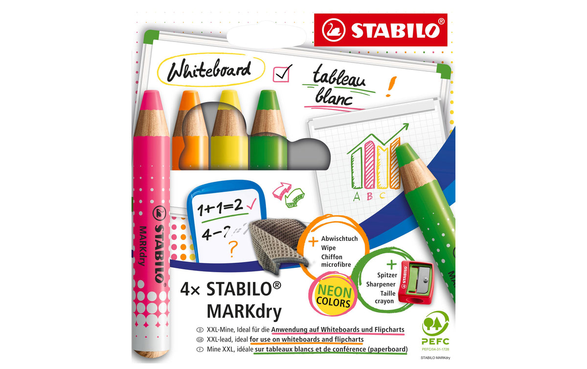 STABILO Whiteboard-Marker – 4 Farben, 4er Set, trocken abwischbar, geruchsarm – für Whiteboards und Flipcharts