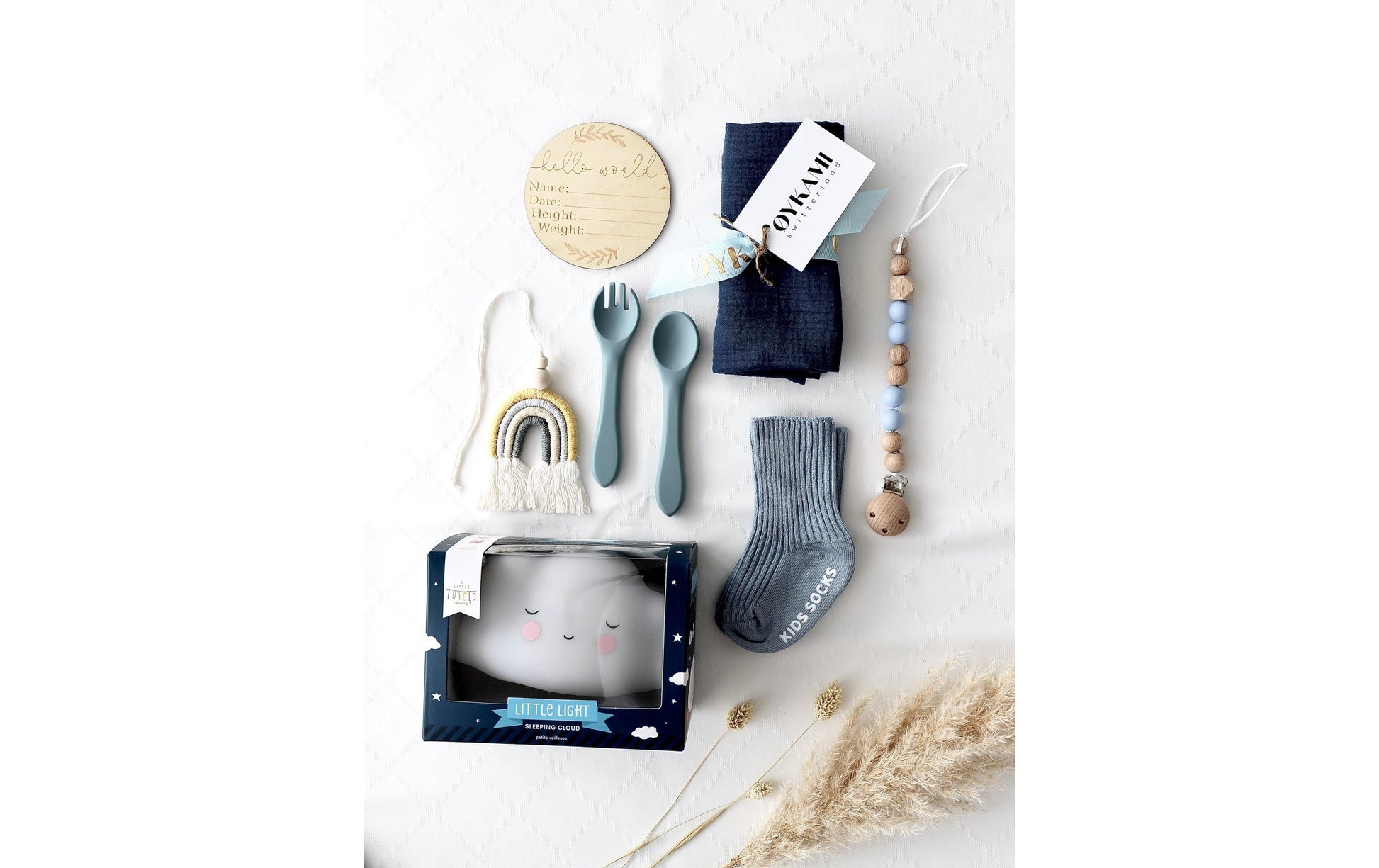 OYKAMI Geschenkbox – Organische Baumwolle, Holz – Blau, Weiss