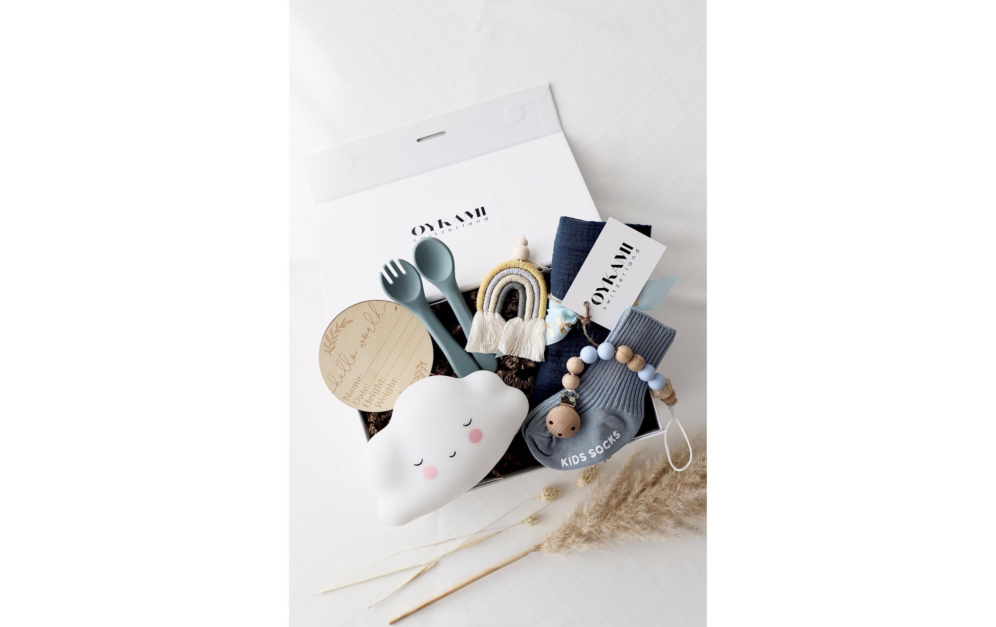 OYKAMI Geschenkbox – Organische Baumwolle, Holz – Blau, Weiss