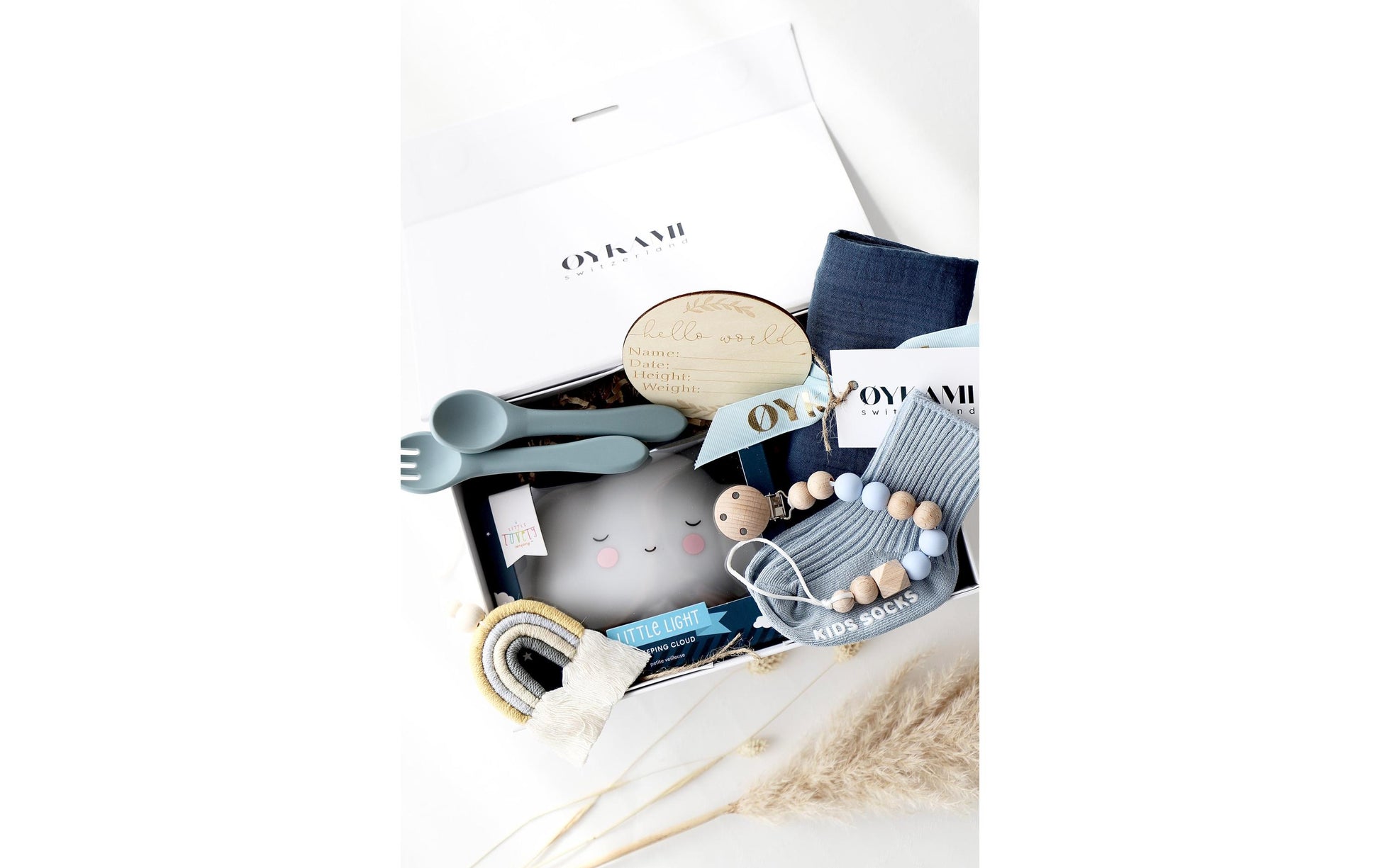 OYKAMI Geschenkbox – Organische Baumwolle, Holz – Blau, Weiss