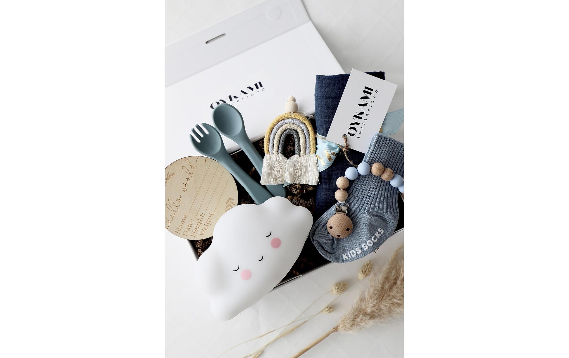 OYKAMI Geschenkbox – Organische Baumwolle, Holz – Blau, Weiss