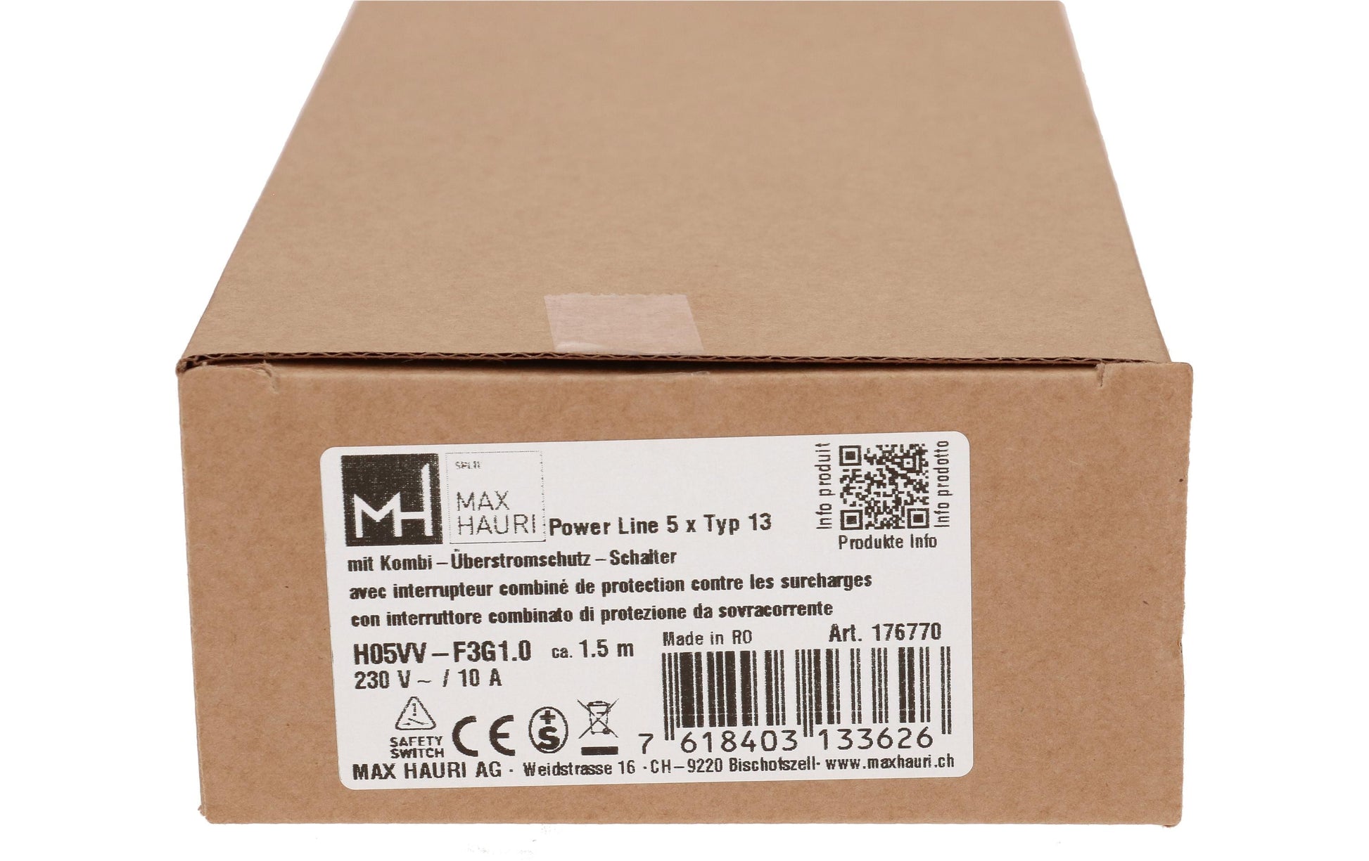 Max Hauri AG Max Hauri Power Line Steckdosenleiste, 5×T13, mit Schalter, 1,5 m, Stecker T12 – Grau/Schwarz