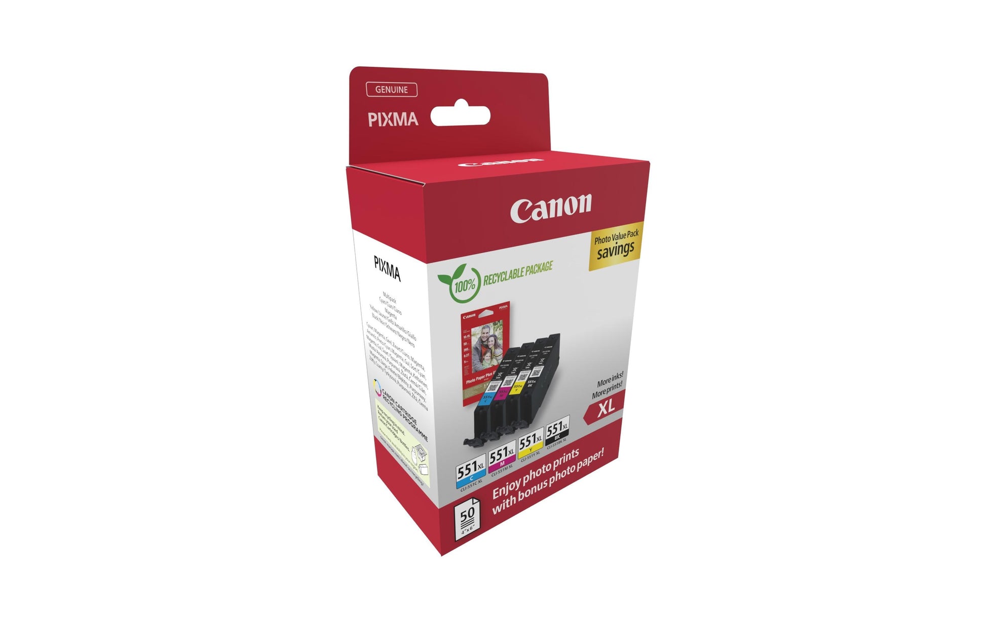 Canon Tintenpatronen-Multipack CLI-551XL Photo Cube, 4er-Pack, mit Fotopapier (50 Blatt) – für Inkjetdrucker