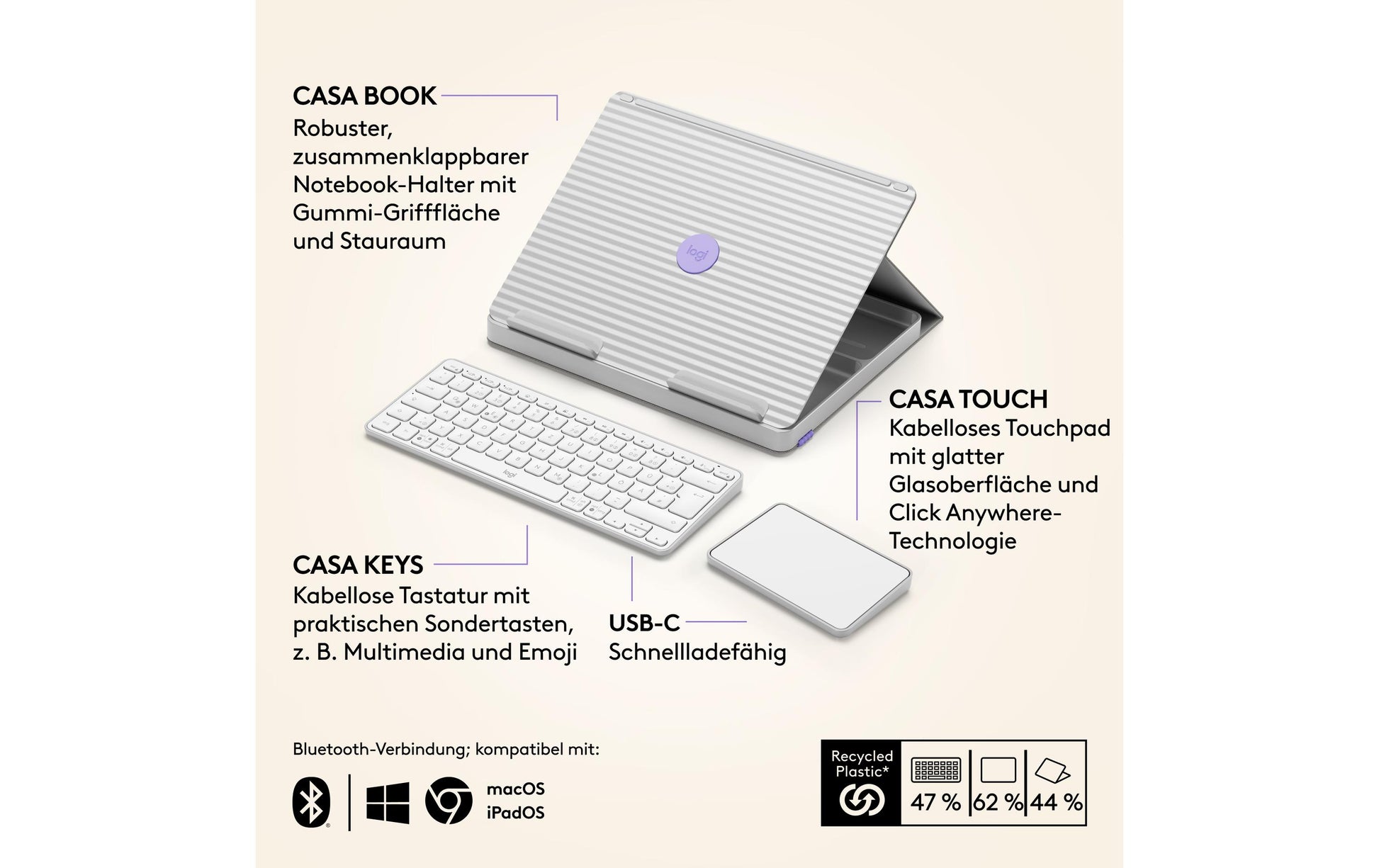 Logitech Casa Tastatur-Case für Notebooks 10–17" – Bluetooth, QWERTZ (CH) – Weiss