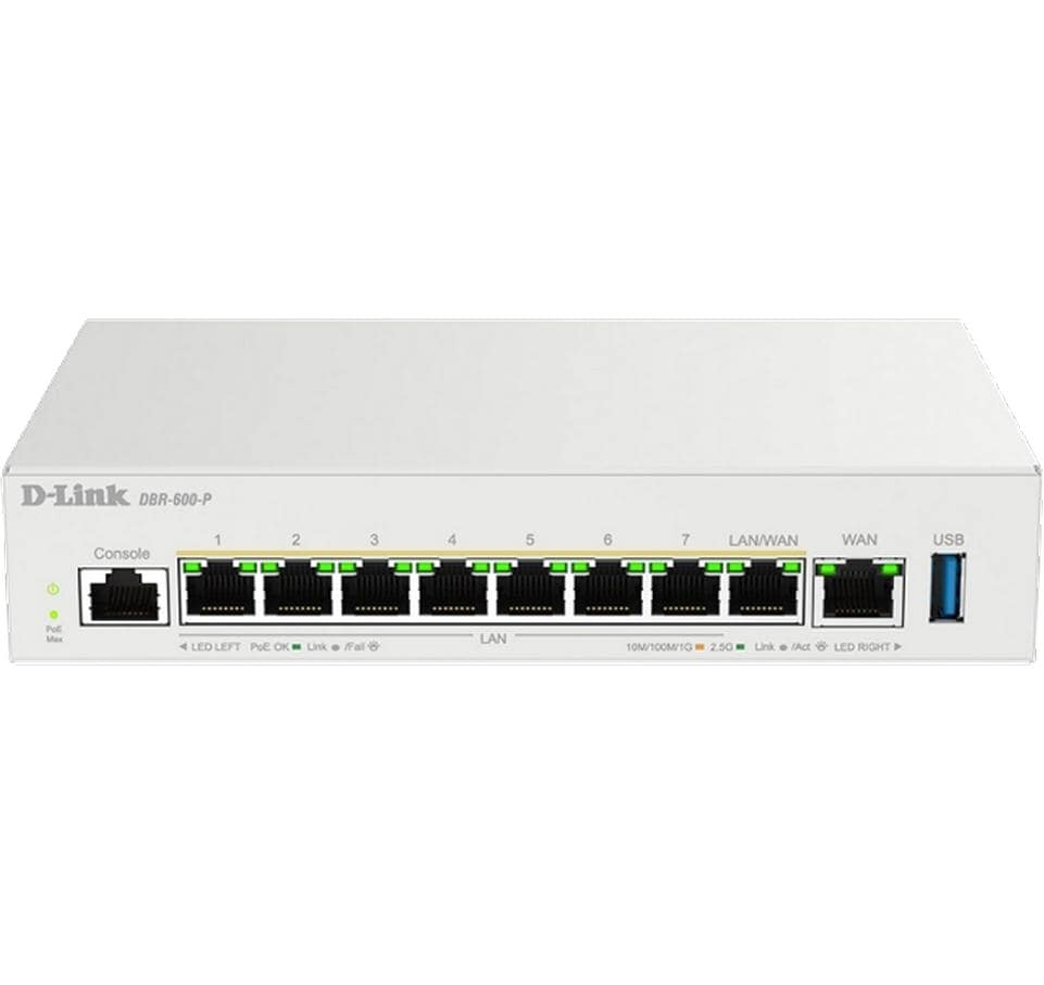 D-Link DBR-600-P – VPN-Router – 7×2,5G LAN, 1×2,5G WAN/LAN, 8×PoE+ 123 W, Dual-WAN, IPSec/PPTP/L2TP/WireGuard