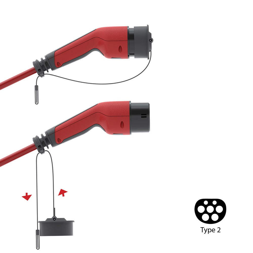 DEFA eConnect Rotes Verlängerungskabel, Typ 2–Typ 2, 3-phasig 32 A 22 kW, Mode 3, Abgewinkelt, 5 m, IP44 – Rot