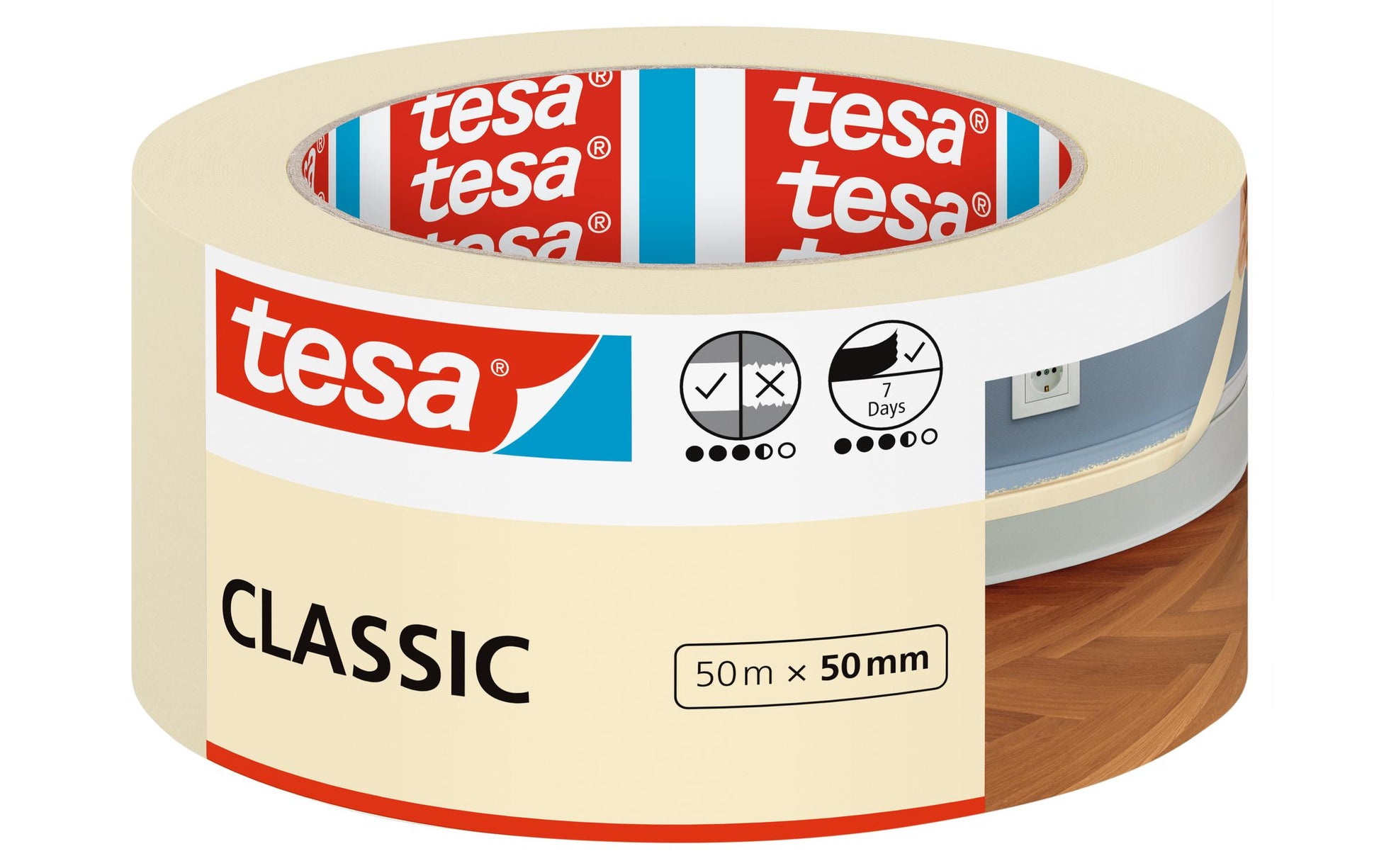 TESA Malerband Classic, beige – 50 mm × 50 m, rückstandsfrei bis 10 Tage