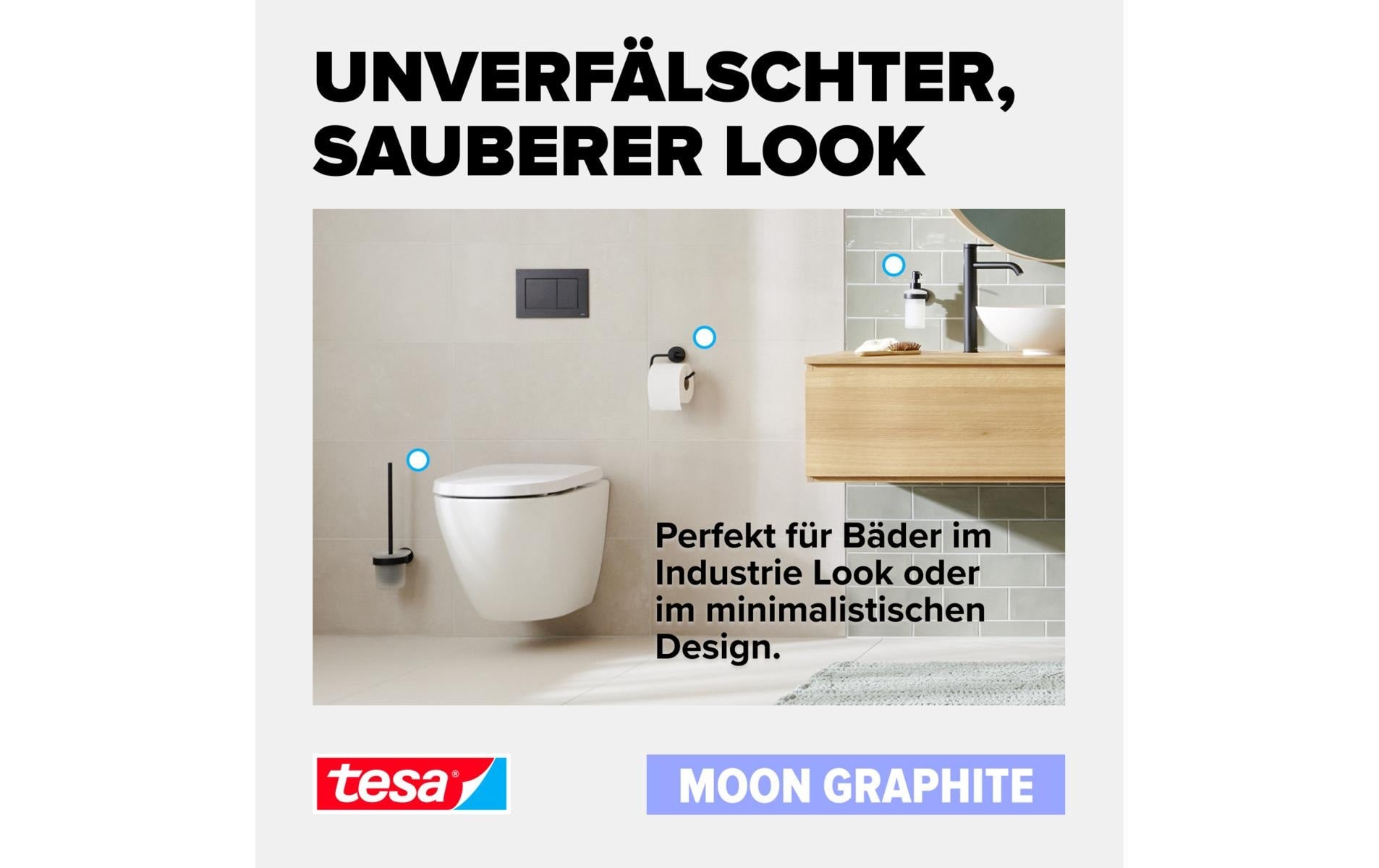 TESA Klebehaken MOON – Metall, 5 kg, Klebestreifen, 8×6,5×8,5 cm, Graphit