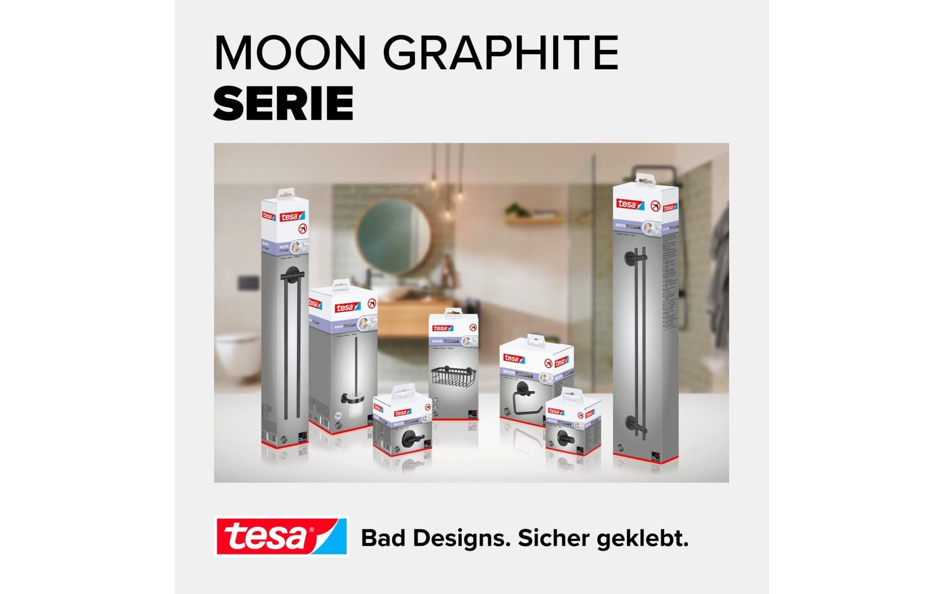 TESA Klebehaken MOON – Metall, 5 kg, Klebestreifen, 8×6,5×8,5 cm, Graphit