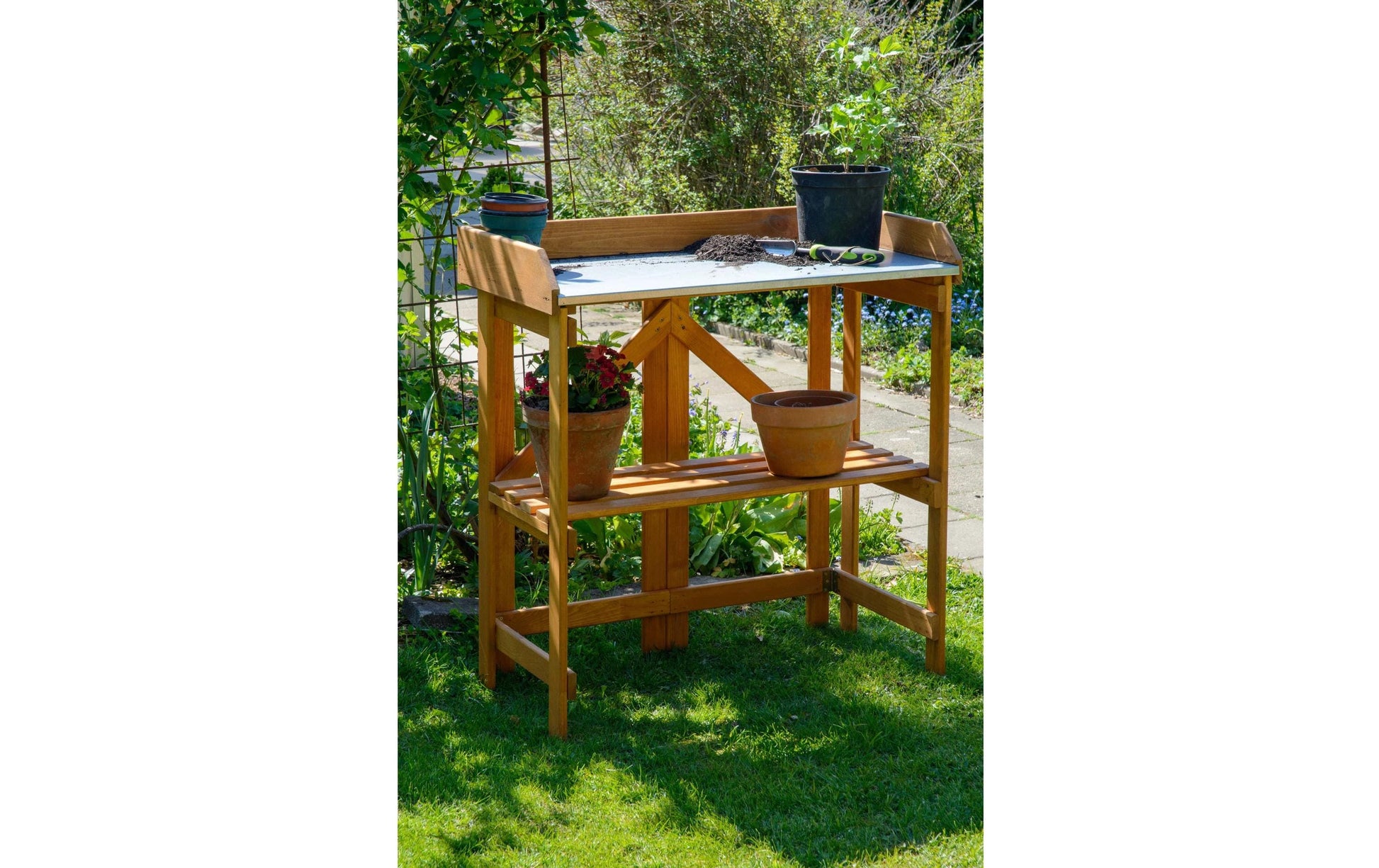 Dobar Faltbarer Pflanztisch (mit Ablage) – Kiefernholz – Braun – 850 × 890 × 440 mm
