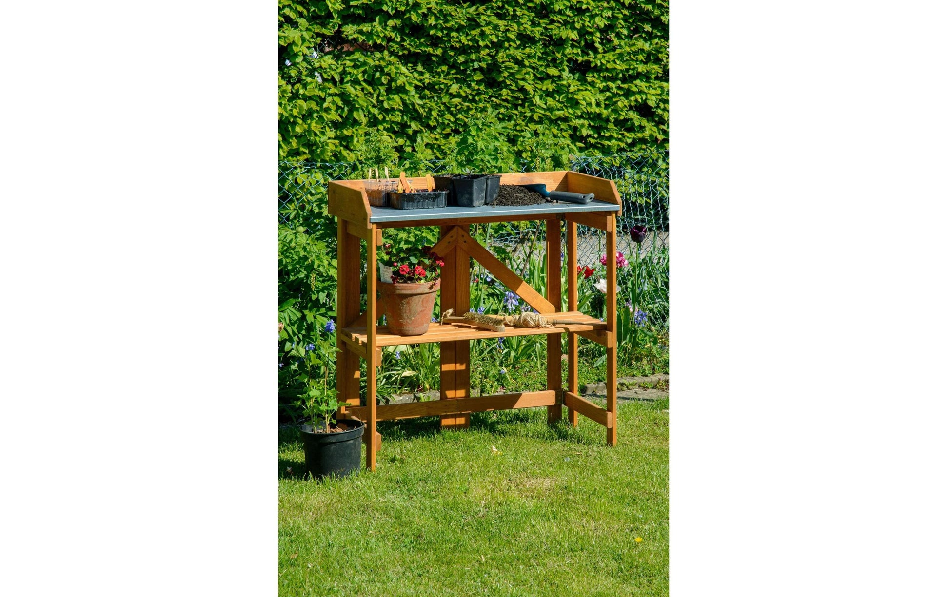 Dobar Faltbarer Pflanztisch (mit Ablage) – Kiefernholz – Braun – 850 × 890 × 440 mm