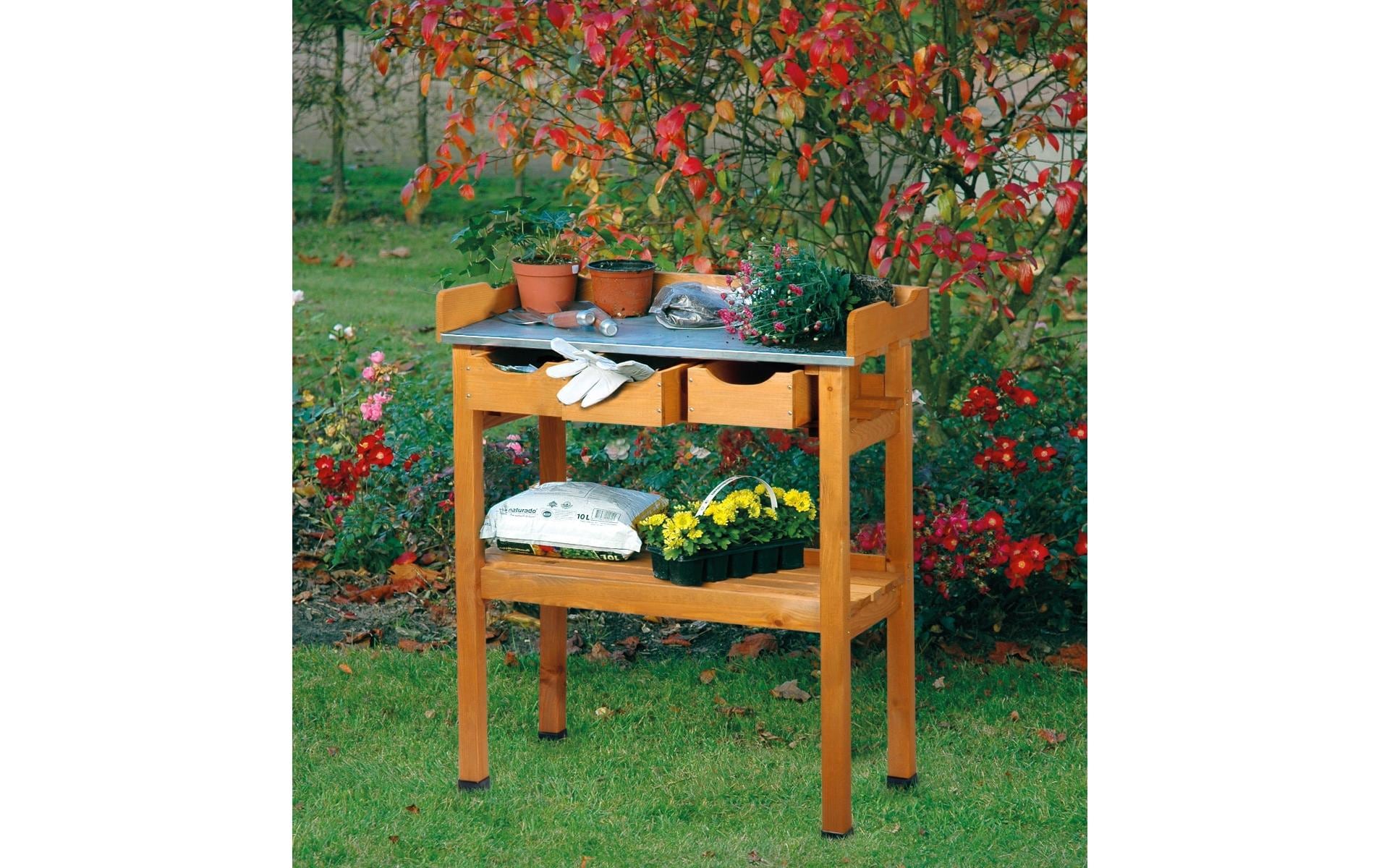 Dobar Pflanztisch – mit 3 Schubladen, 80 × 40 × 90 cm – Kiefernholz, Braun