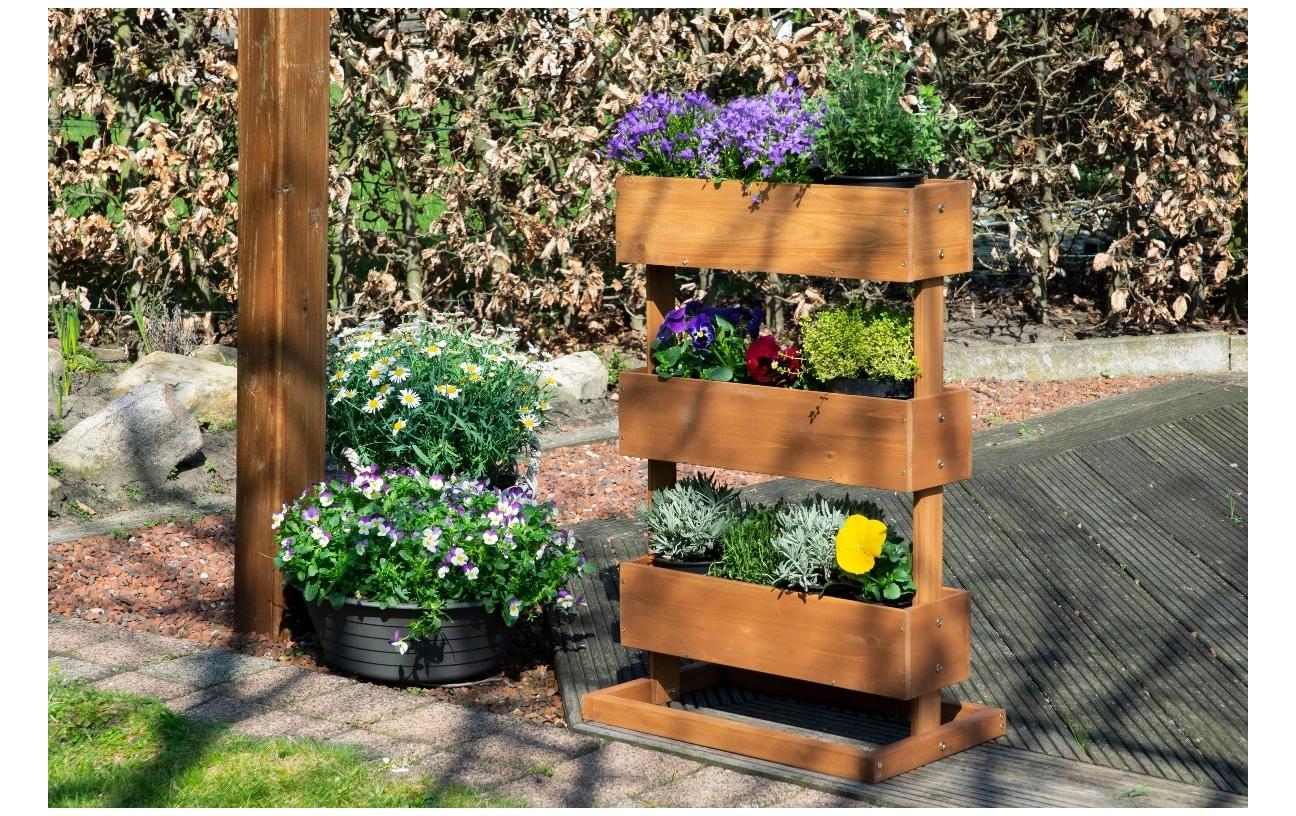 Dobar Pflanzbeet – 49,5 × 78 × 30 cm – Kiefernholz & Kunststoff, Braun, 3 Sektionen