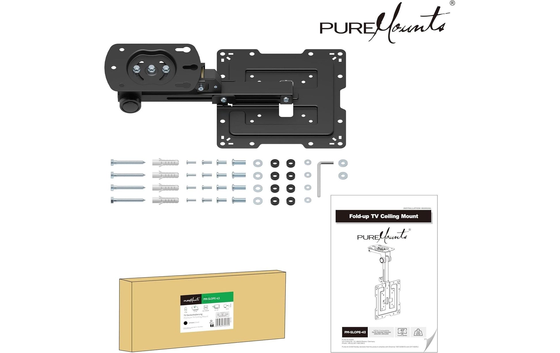 Puremounts Deckenhalterung, drehbar, bis 27", VESA 100×100, bis 20 kg, schwarz