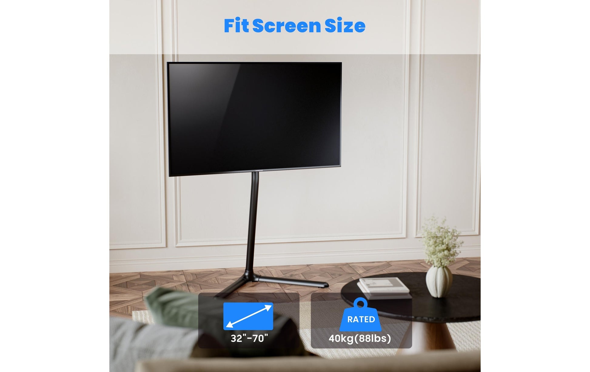 Puremounts Displayständer, schwenkbar, höhenverstellbar, bis 70", VESA 400×200, bis 40 kg, schwarz