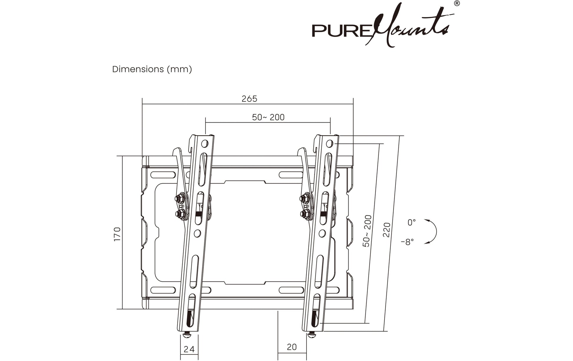 Puremounts Wandhalterung - Neigbar - 43" - VESA 200x200 - bis 45 kg - Schwarz