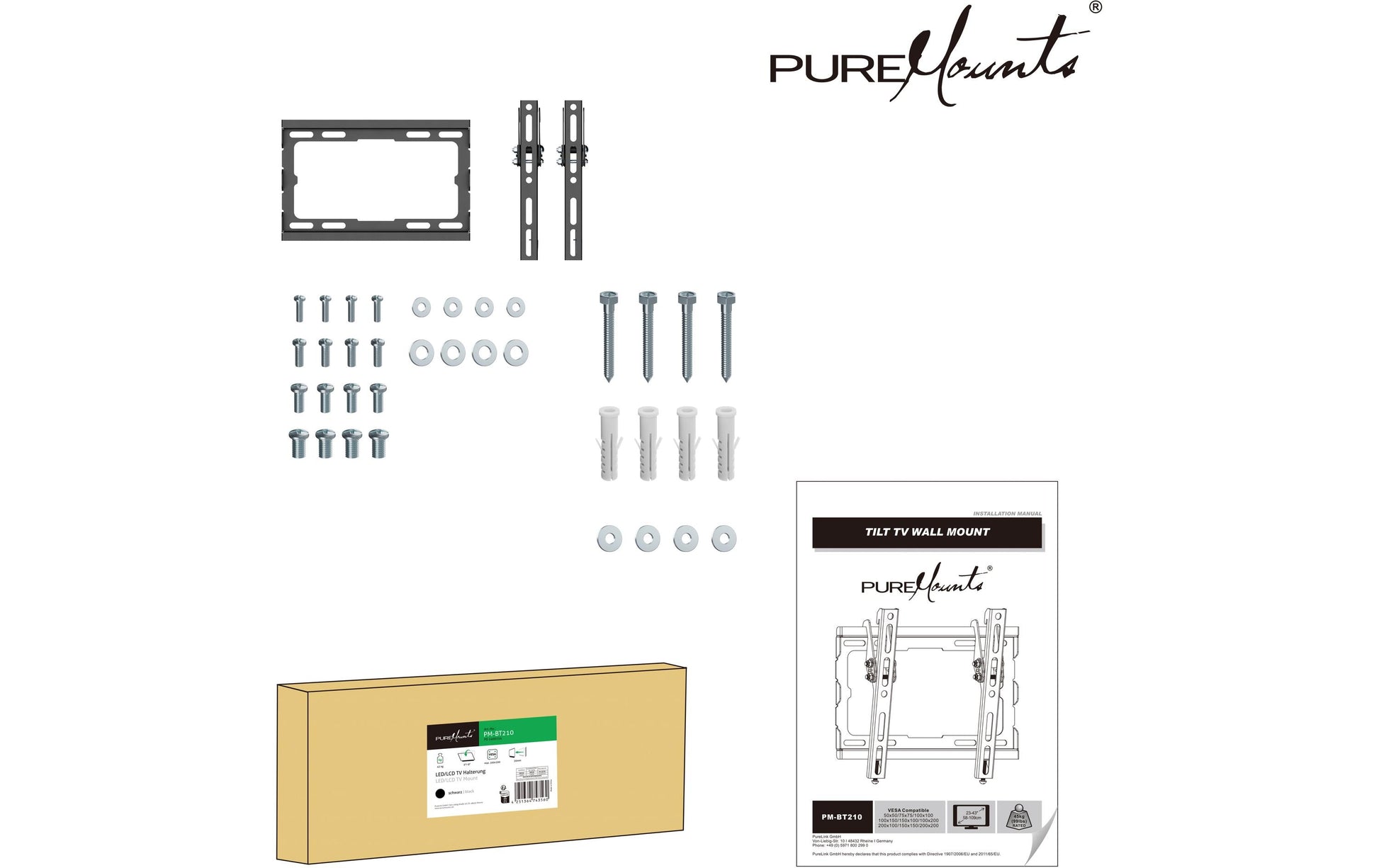 Puremounts Wandhalterung - Neigbar - 43" - VESA 200x200 - bis 45 kg - Schwarz