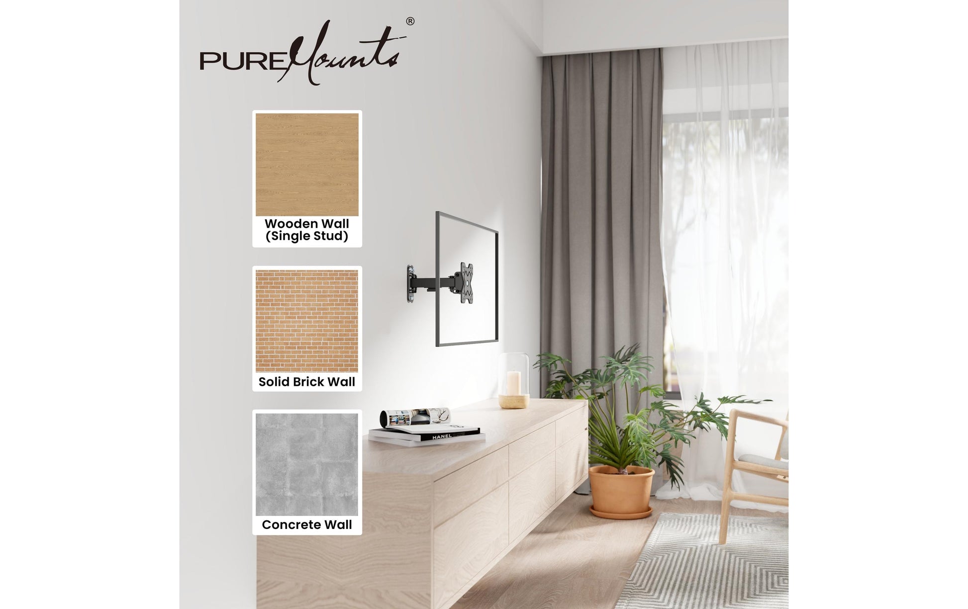 Puremounts Wandhalterung – Vollbeweglich – 20" – VESA 75×75 – bis 20 kg – Schwarz