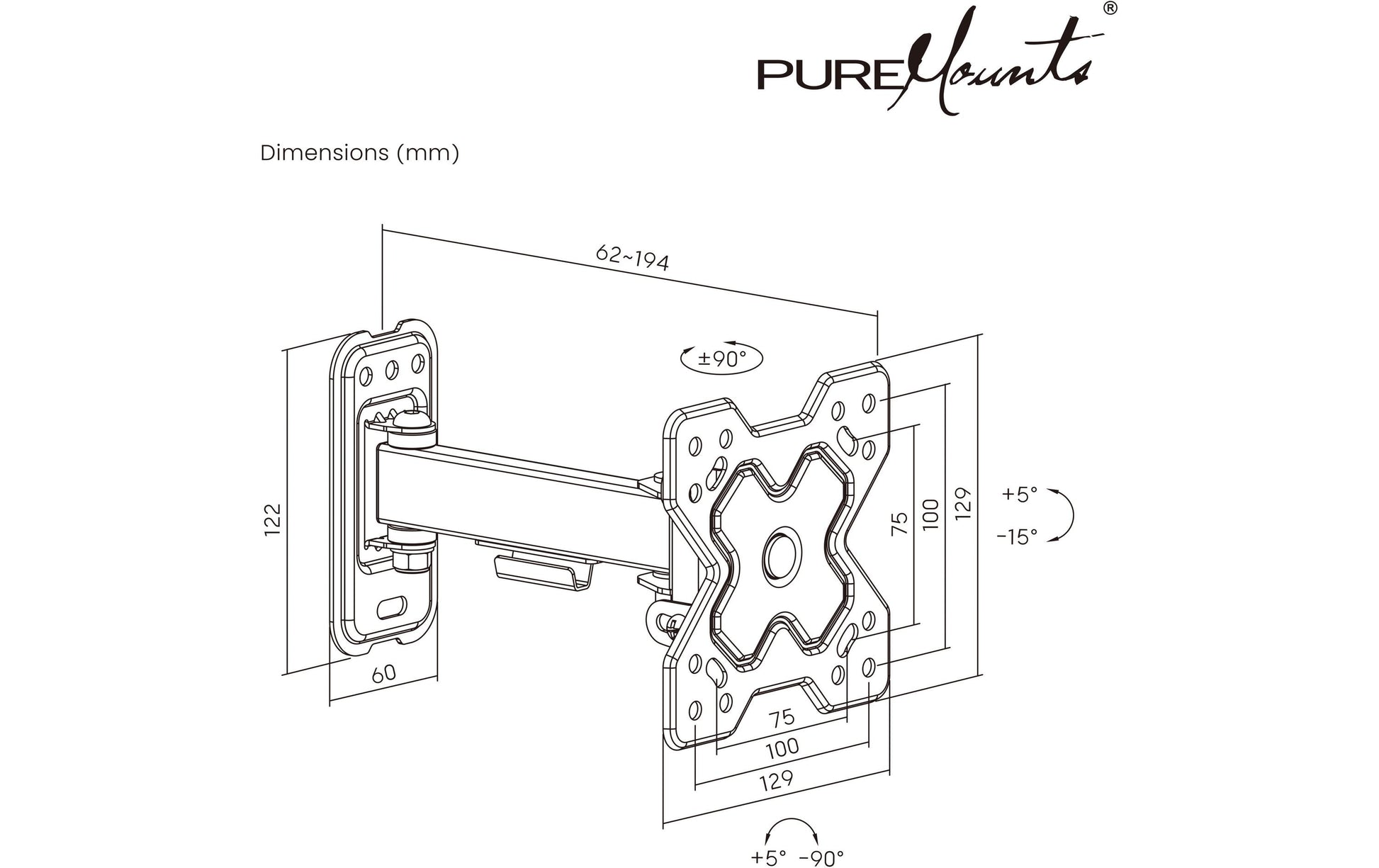 Puremounts Wandhalterung – Vollbeweglich – 20" – VESA 75×75 – bis 20 kg – Schwarz