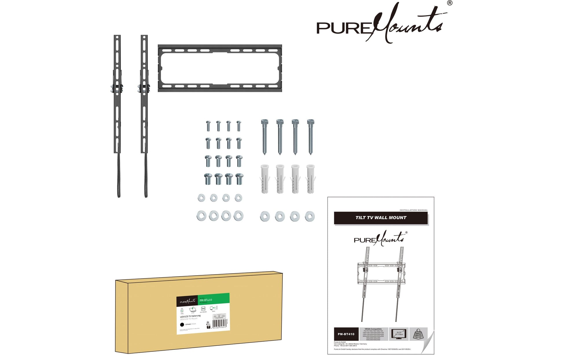PureMounts Wandhalterung – Neigbar – VESA 300×300 – bis 45 kg – Schwarz