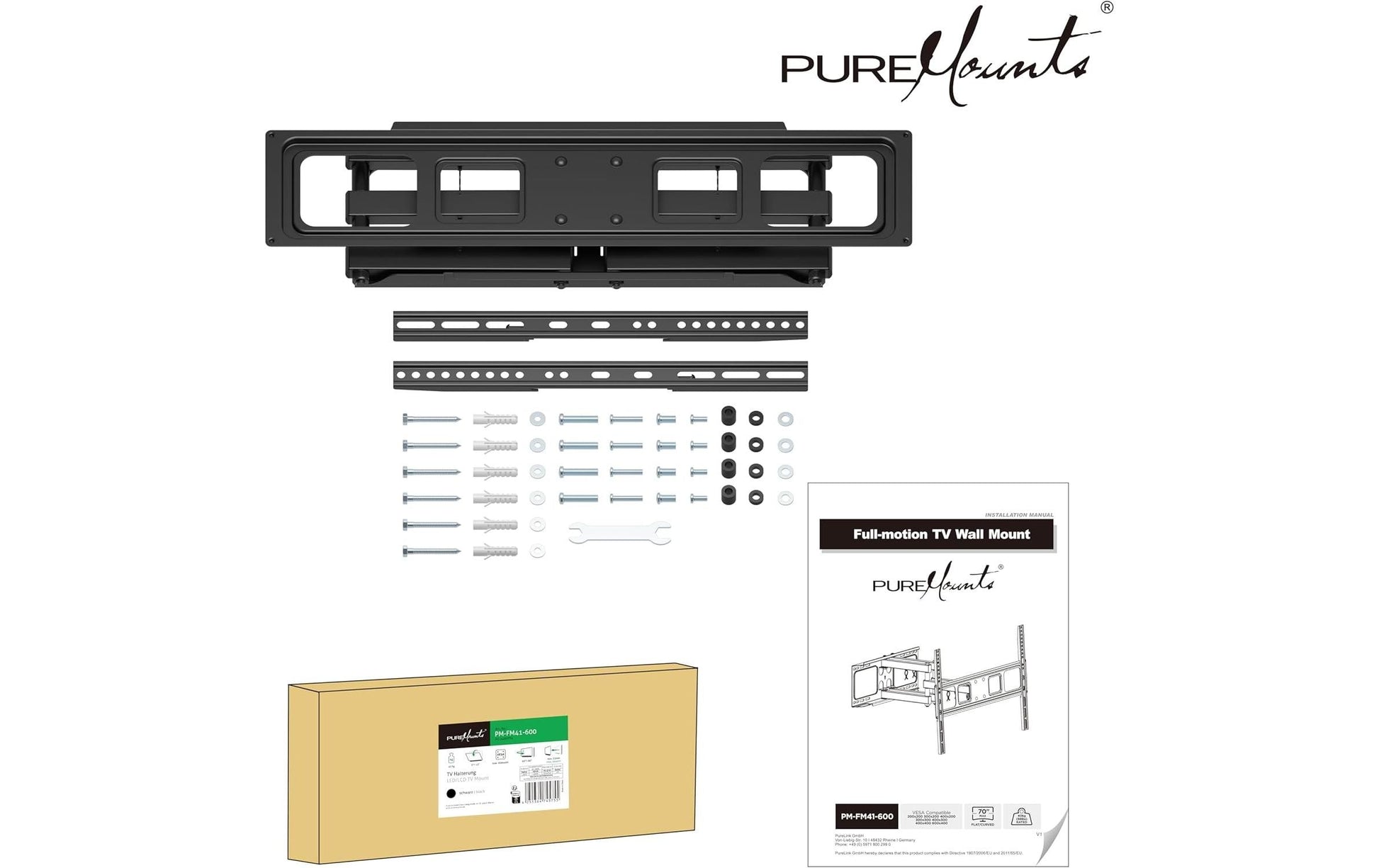 Puremounts Wandhalterung, neigbar, für 40", VESA 200×200, bis 40 kg, schwarz