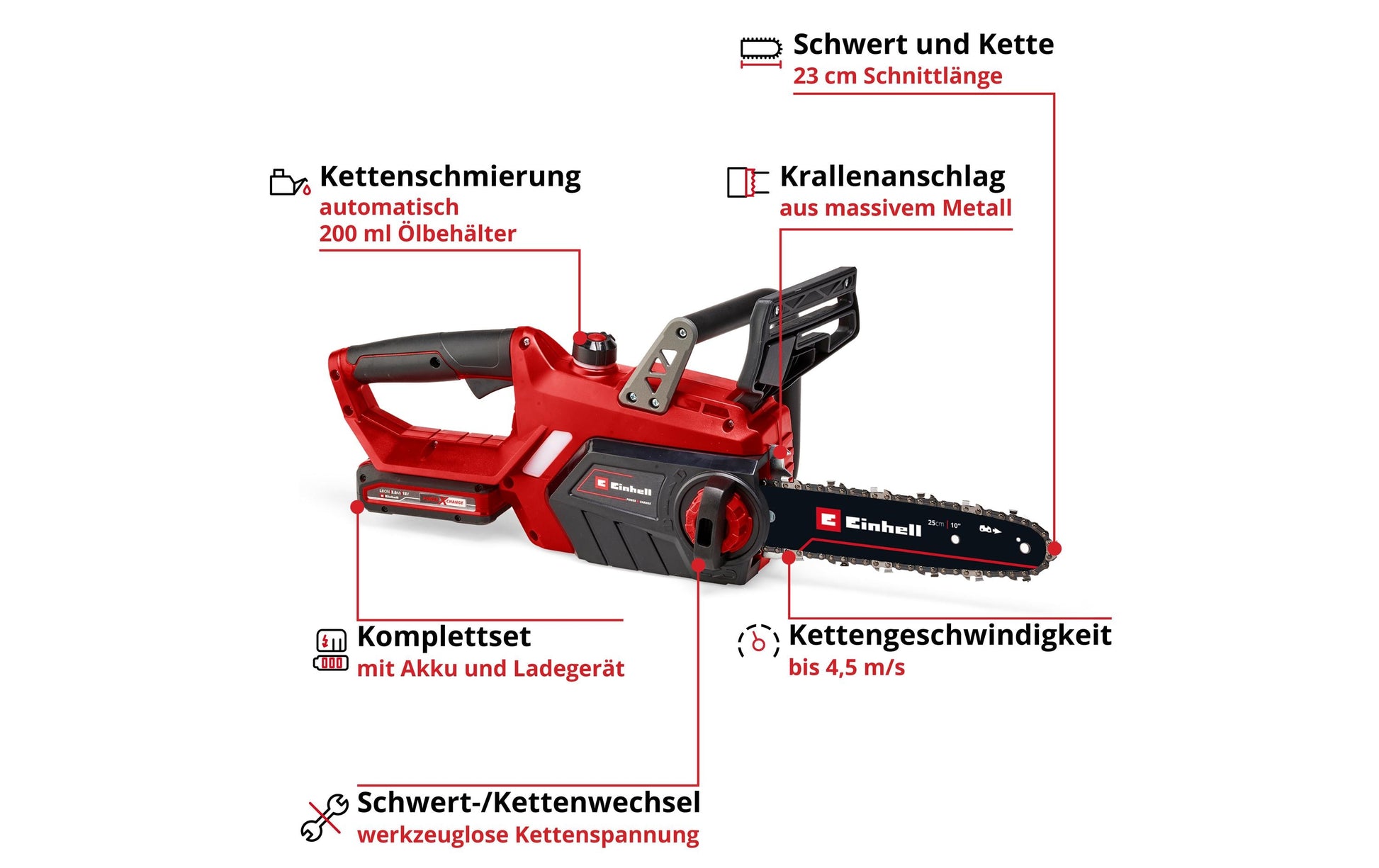 Einhell GE-LC 18 Li Akku-Kettensäge – 18 V – Schwertlänge 250 mm – inkl. Akku & Ladegerät – Power X-Change