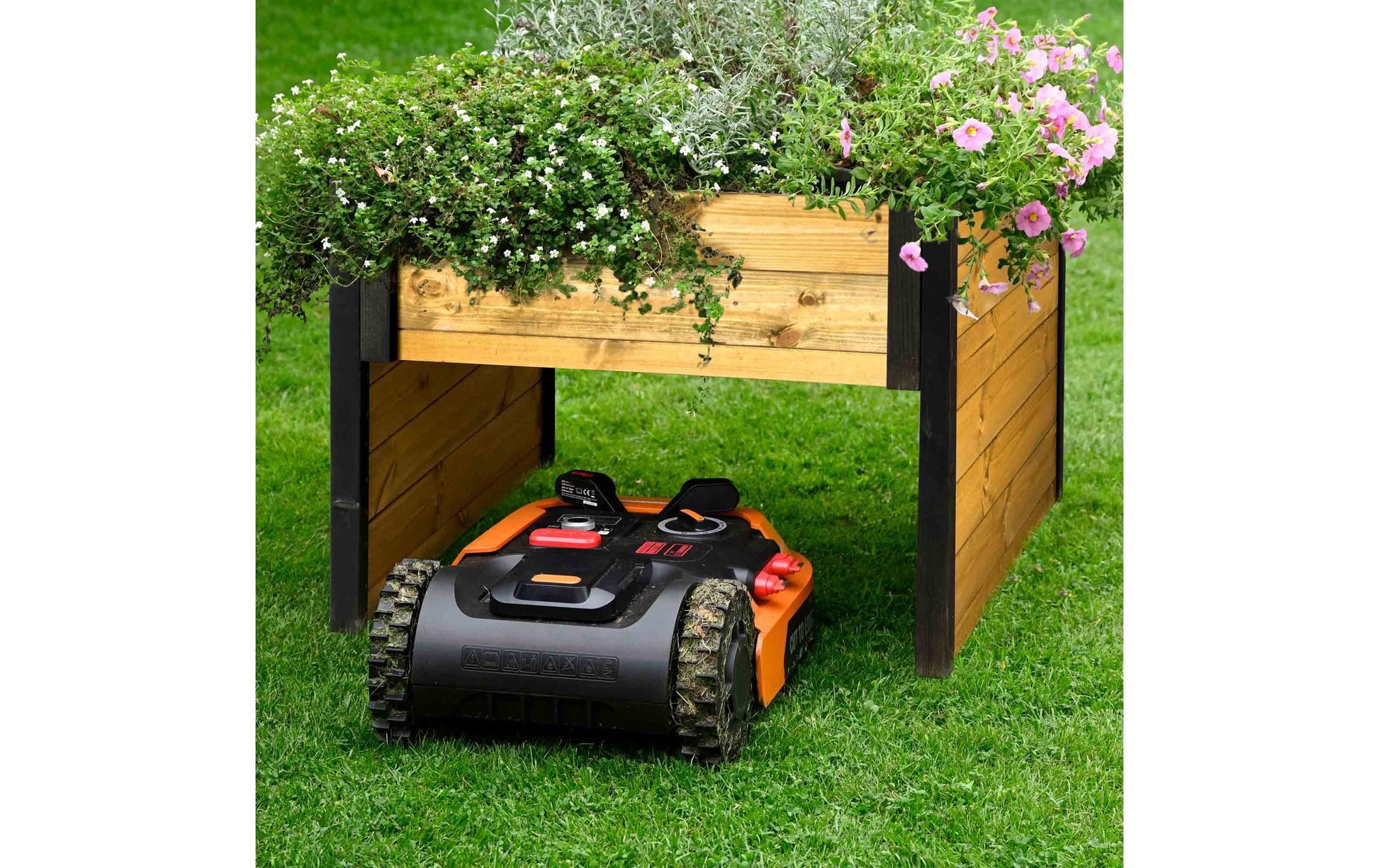 Dobar Mährobotergarage mit Pflanzkasten – 790 × 730 × 560 mm, Holz, Schwarz